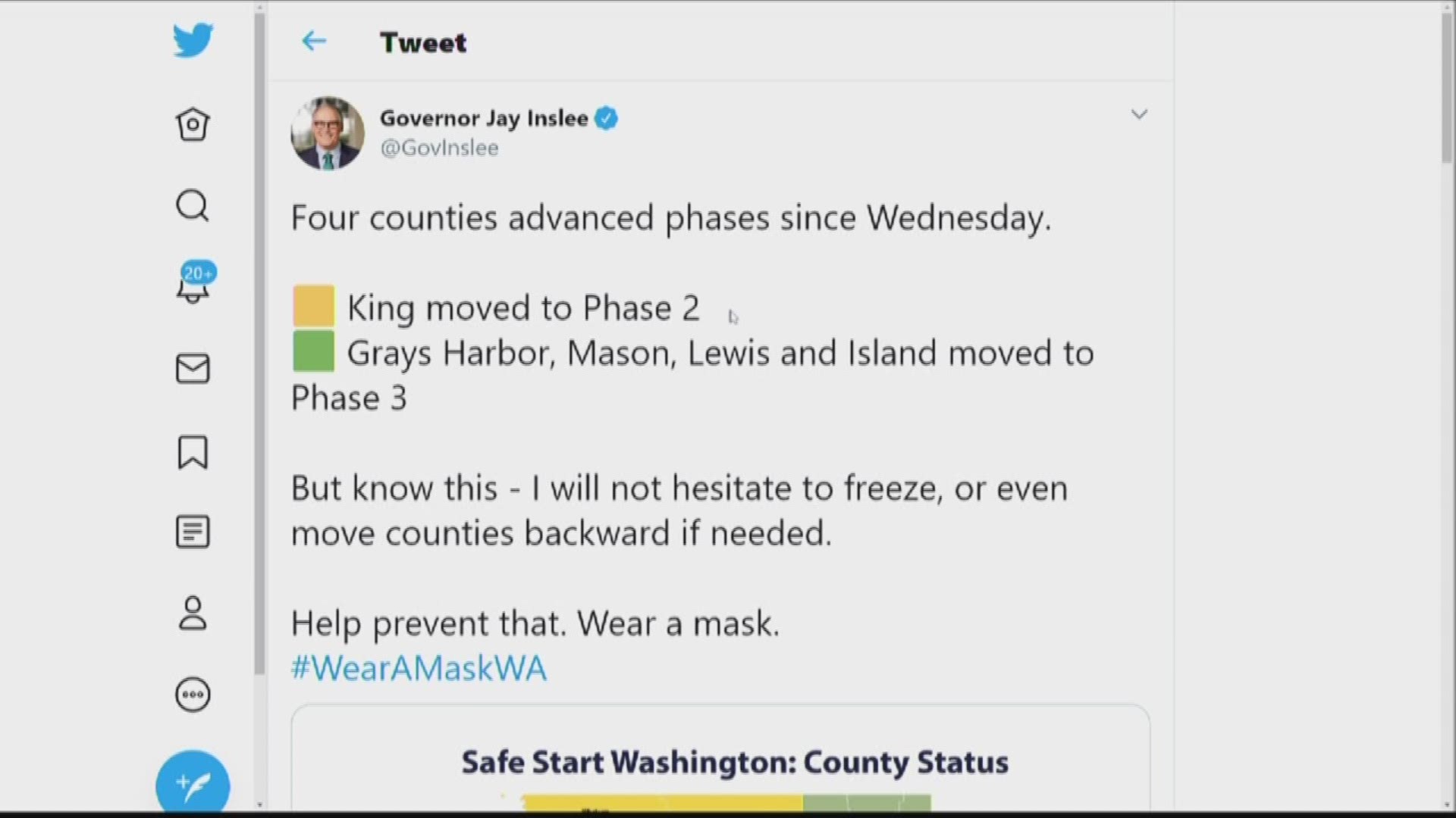 Gov. Inslee tweeted that he won't hesitate to move counties backward or freeze them in their current reopening phase if needed.