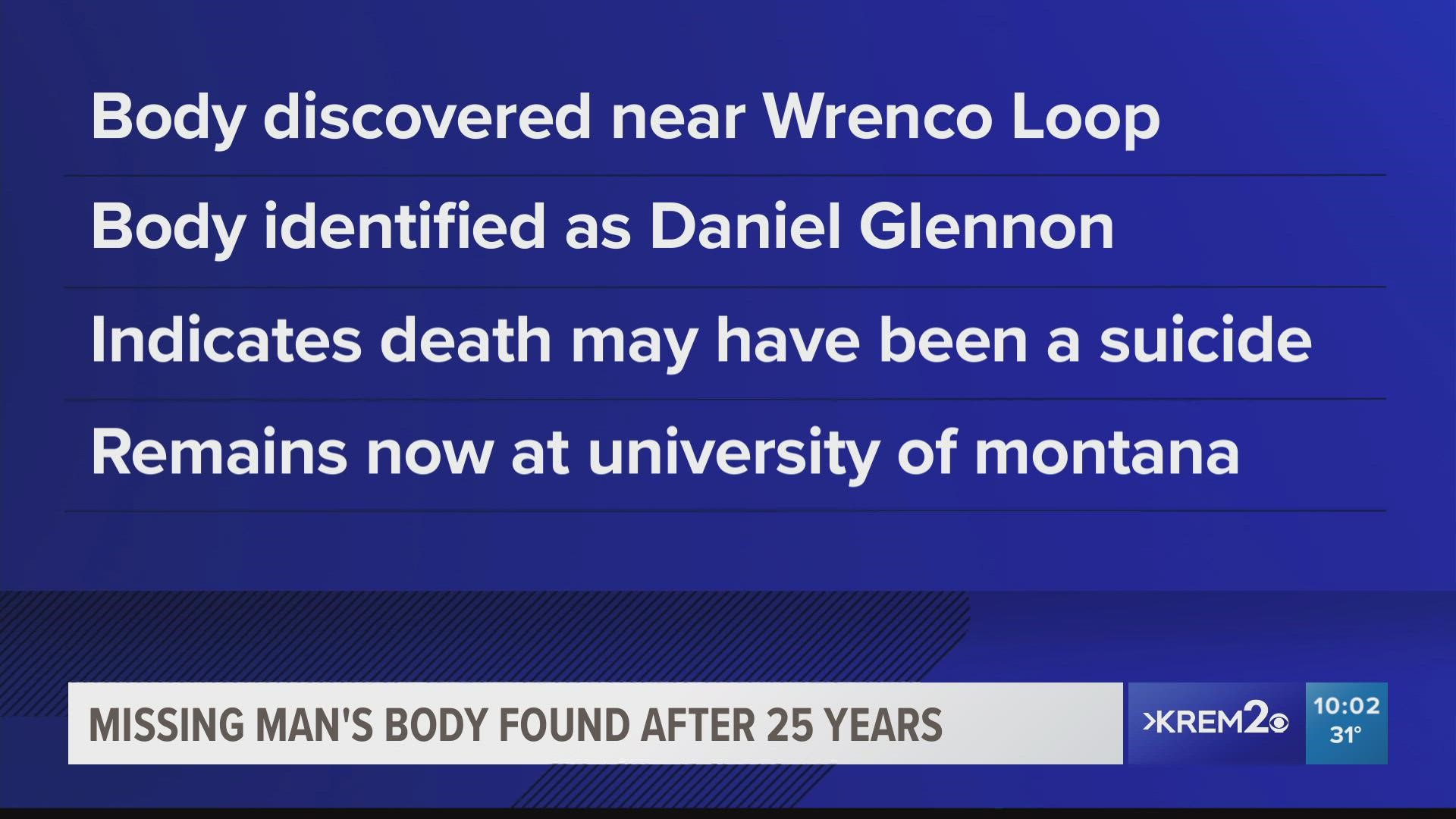 Daniel Glennon, who was 32 years old at the time he went missing, lived alone on Wrenco Loop and was last seen in Sandpoint in December of 1995.