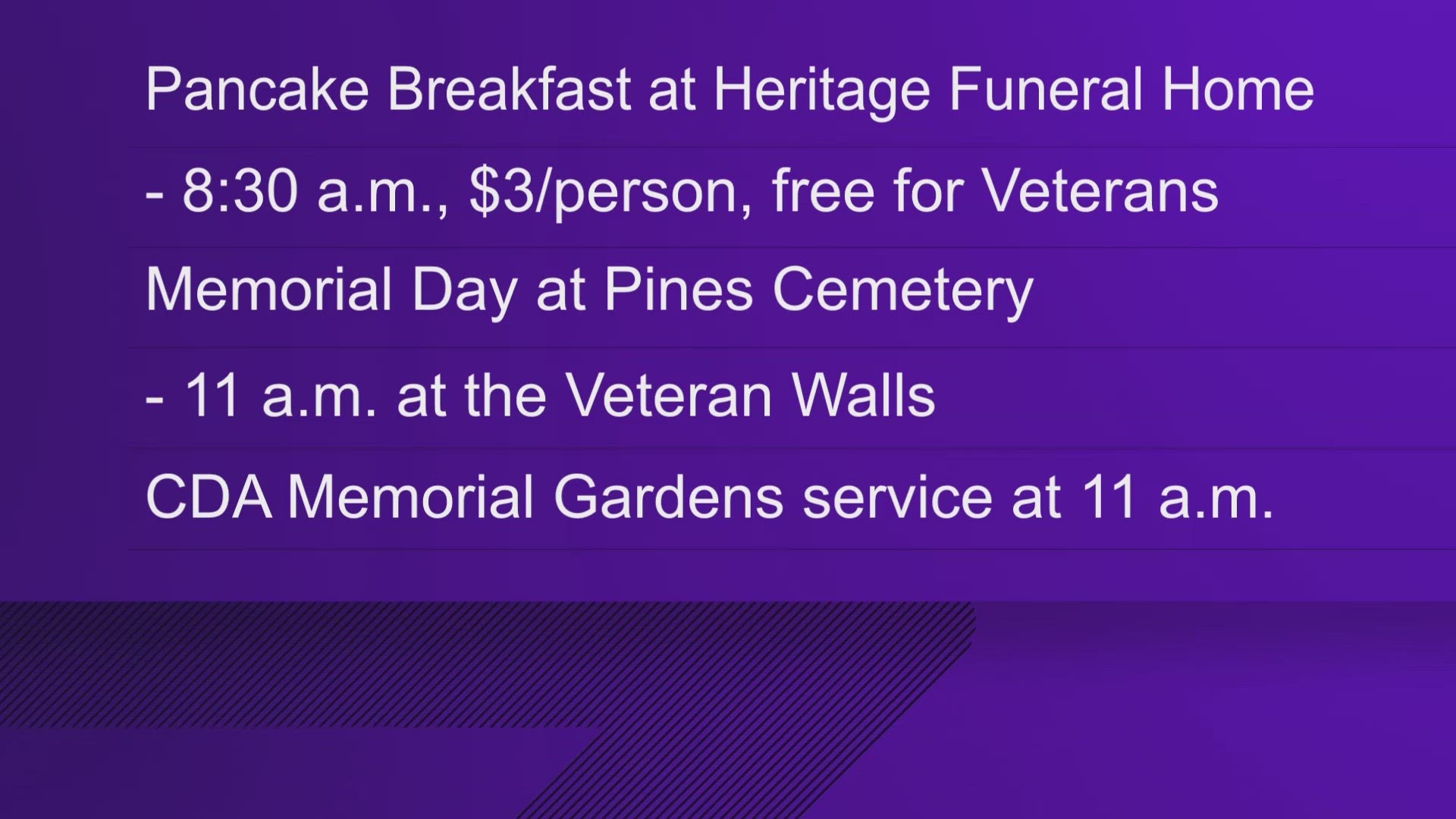Several events are happening over the extended weekend in honor of Memorial Day Weekend around greater Spokane and North Idaho.