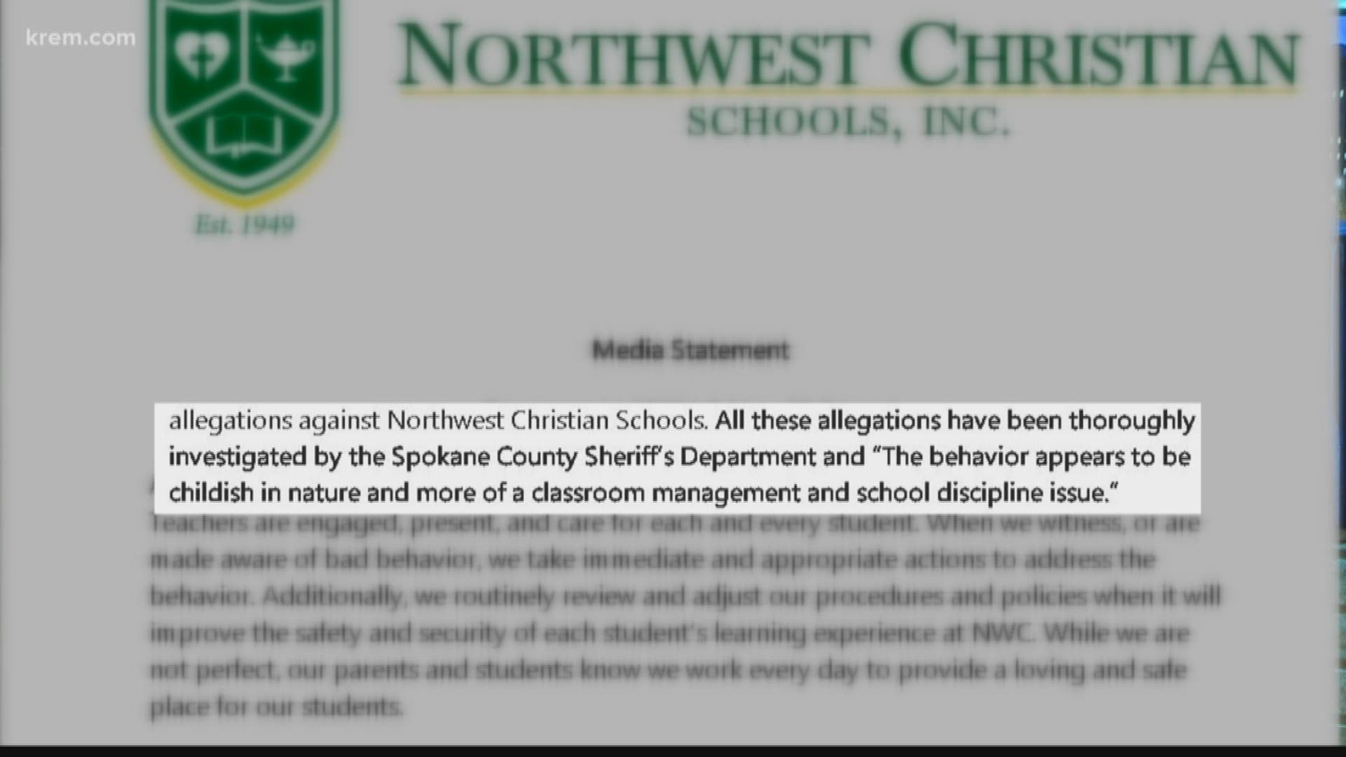 We received a few messages from parents at Northwest Christian School about a 2 On Your Investigation we aired on Tuesday. Some parents were frustrated we didn't include more information from the school's perspective about accusations of sexual harassment