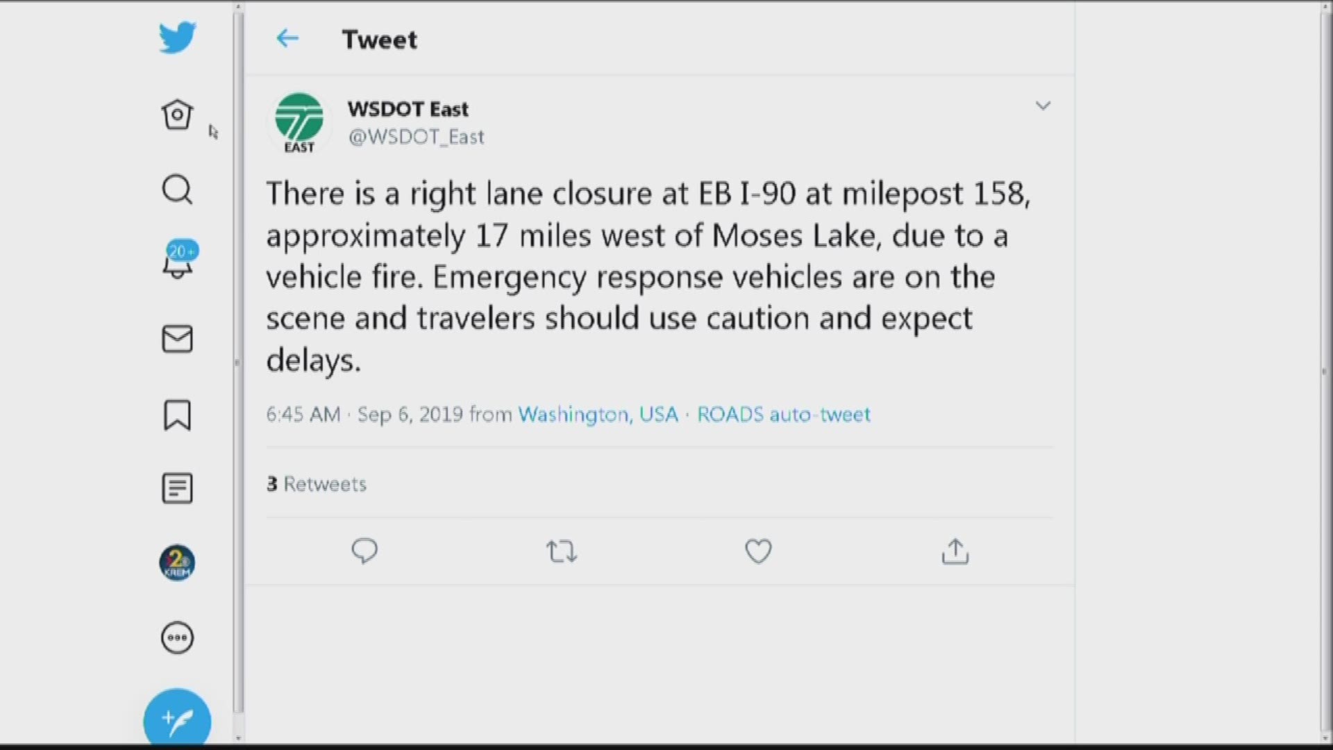 According to Washington State Patrol Trooper John Bryant, a semi-trailer that caught fire is blocking an eastbound lane of I-90 near Moses Lake.