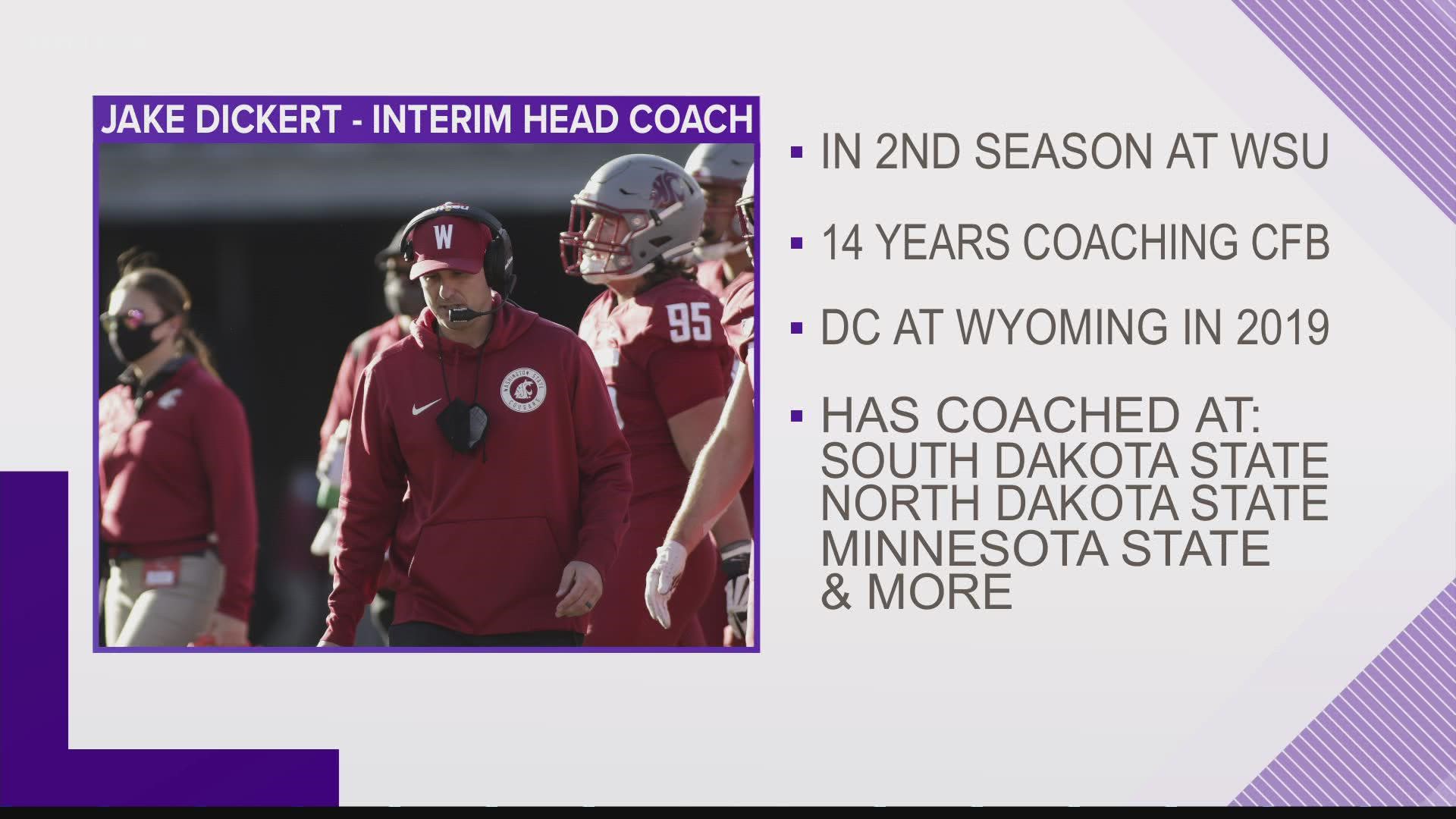 Jake Dickert has 14 years of football coaching experience. He was most recently the defensive coordinator at WSU.
