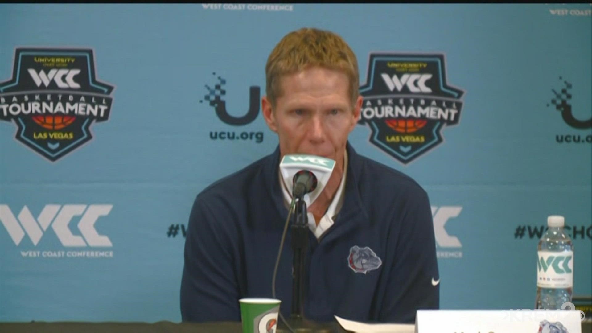 Gonzaga players Andrew Nembhard, Julian Strawther, and Rasir Bolton along with coach Mark Few talk following the Bulldogs win in the WCC Championship.