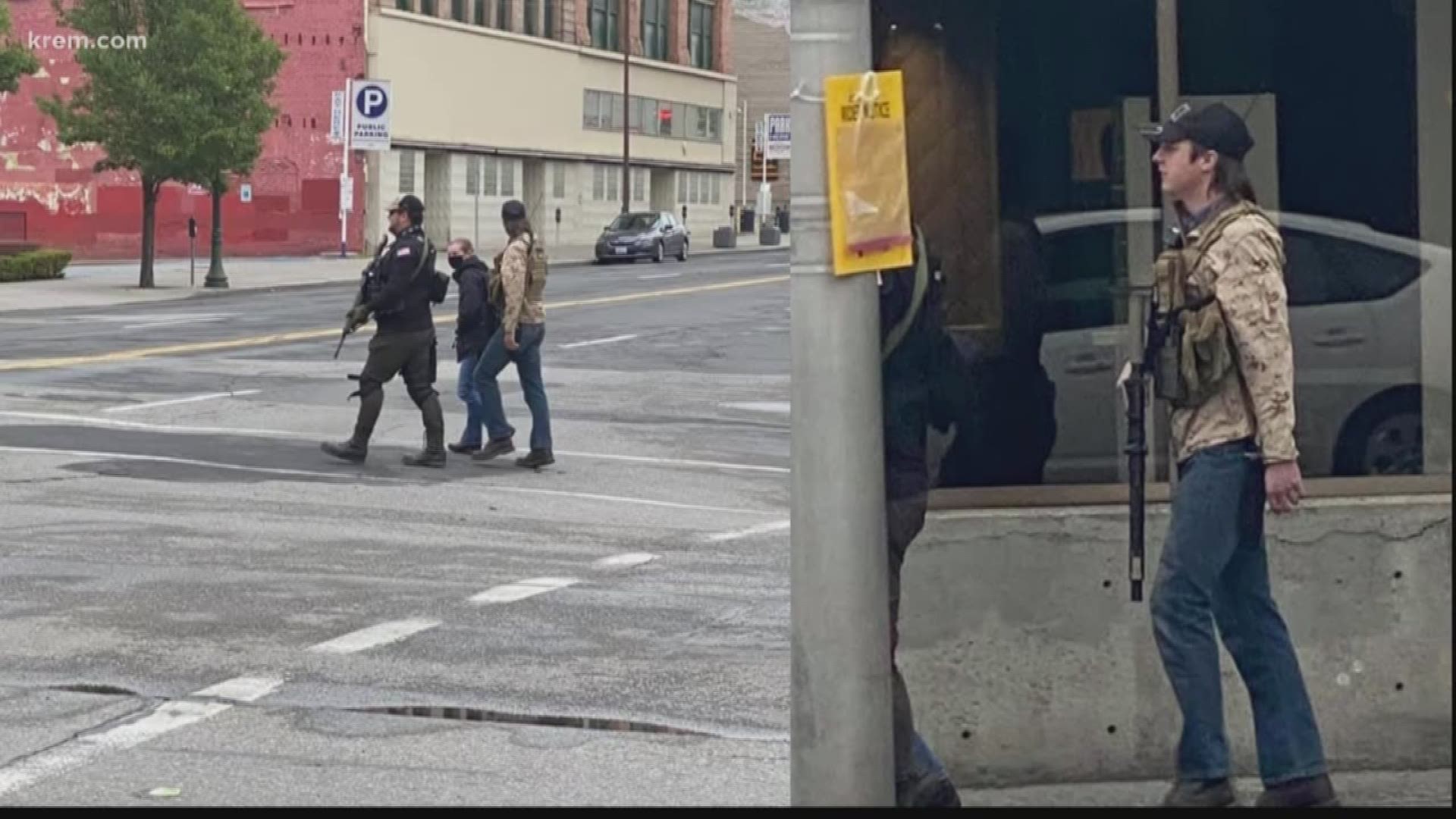Businesses are speaking out against armed militia downtown. Spokane police say it's legal, but Washington law is less clear.