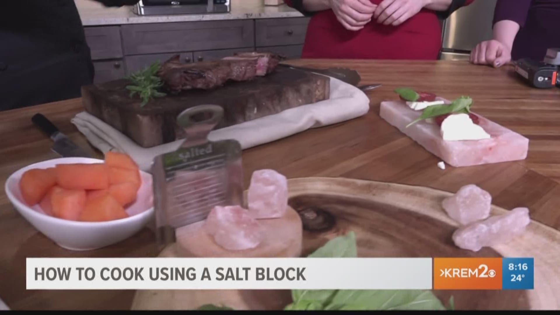 Chef Lesa Lebeau from The Culinary Store in Coeur d'Alene shows KREM's Brittany Bailey and Jen York how salt blocks can add some spice to any kitchen routine.