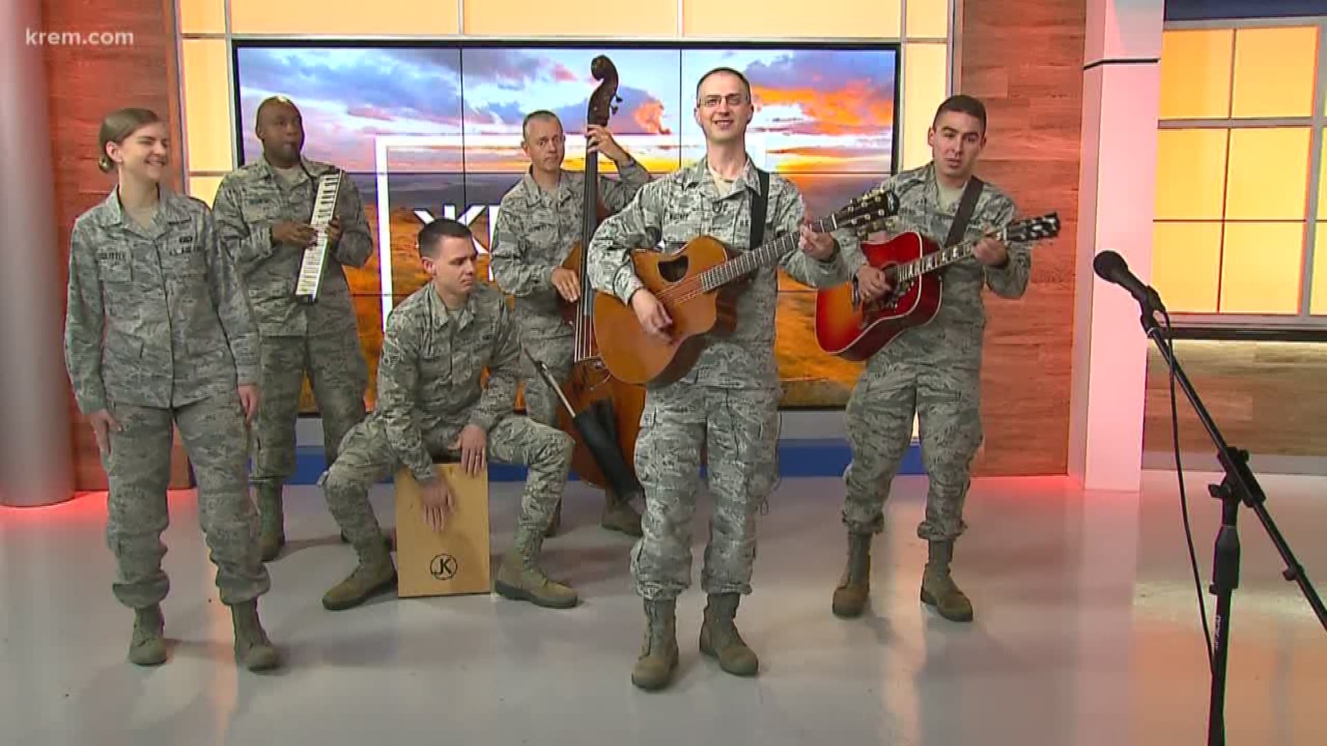 KREM's Amanda Roley and Jen York get a preview of the SkyFest2019 festivities with USAF MSgt. Clint Whitney and the Band of the Golden West.