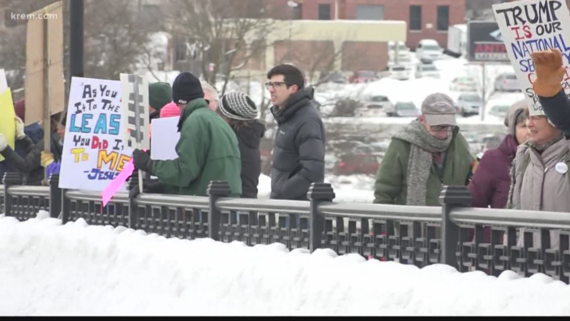 KREM Reporter Amanda Roley spoke with those protesting President Donald Trump's national emergency declaration in downtown Spokane on Monday.