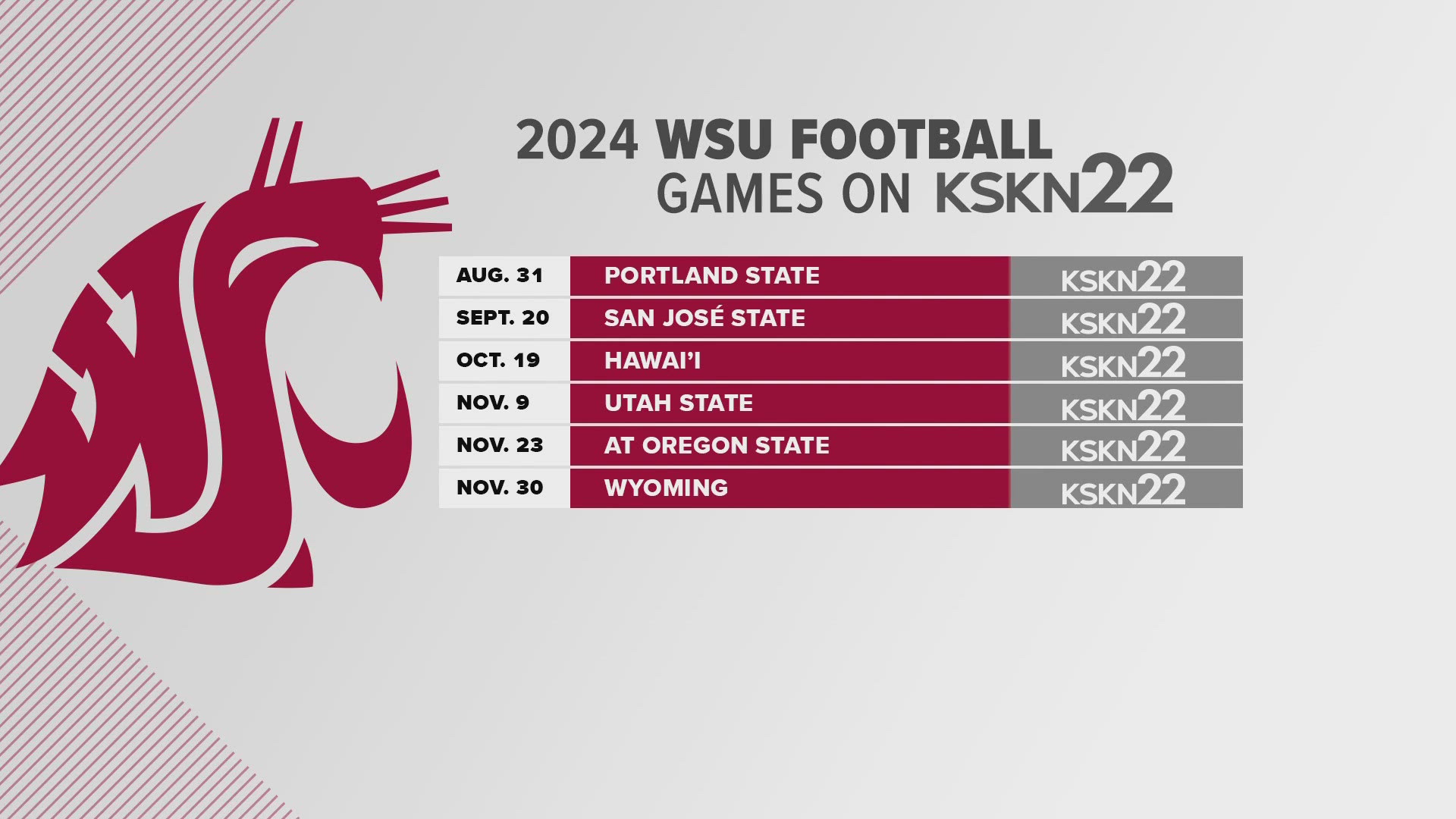 WSU kicking off the 2024 season against Portland State on August 31. You can watch the game on KSKN 22 The Spot.