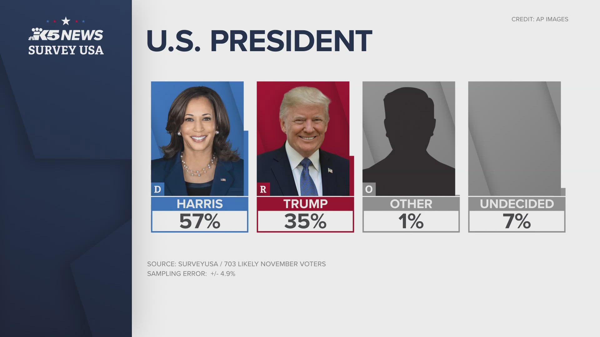 A presidential poll by KING 5, the Seattle Times and the UW Center for an Informed Public report that Vice President Harris is leading among voters in Washington.