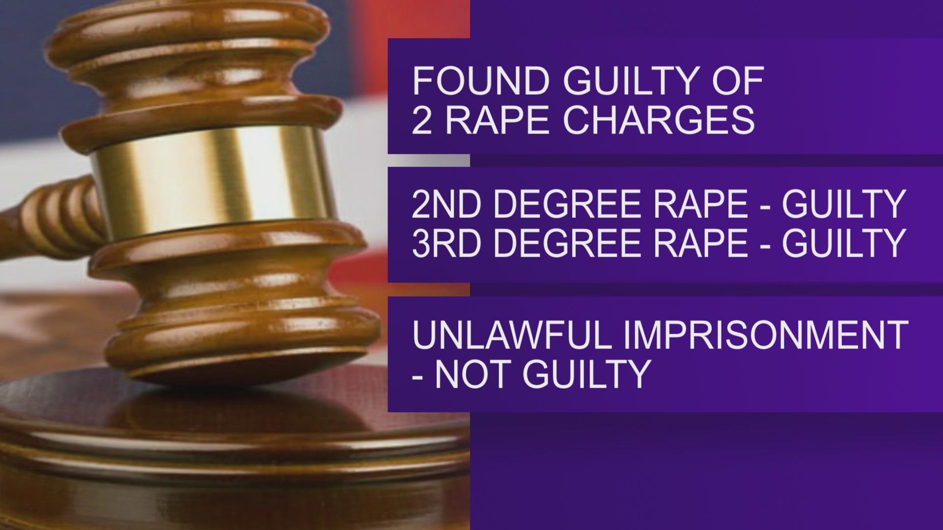 Nash was found guilty of second and third-degree rape on Tuesday evening. He was found not guilty of unlawful imprisonment.