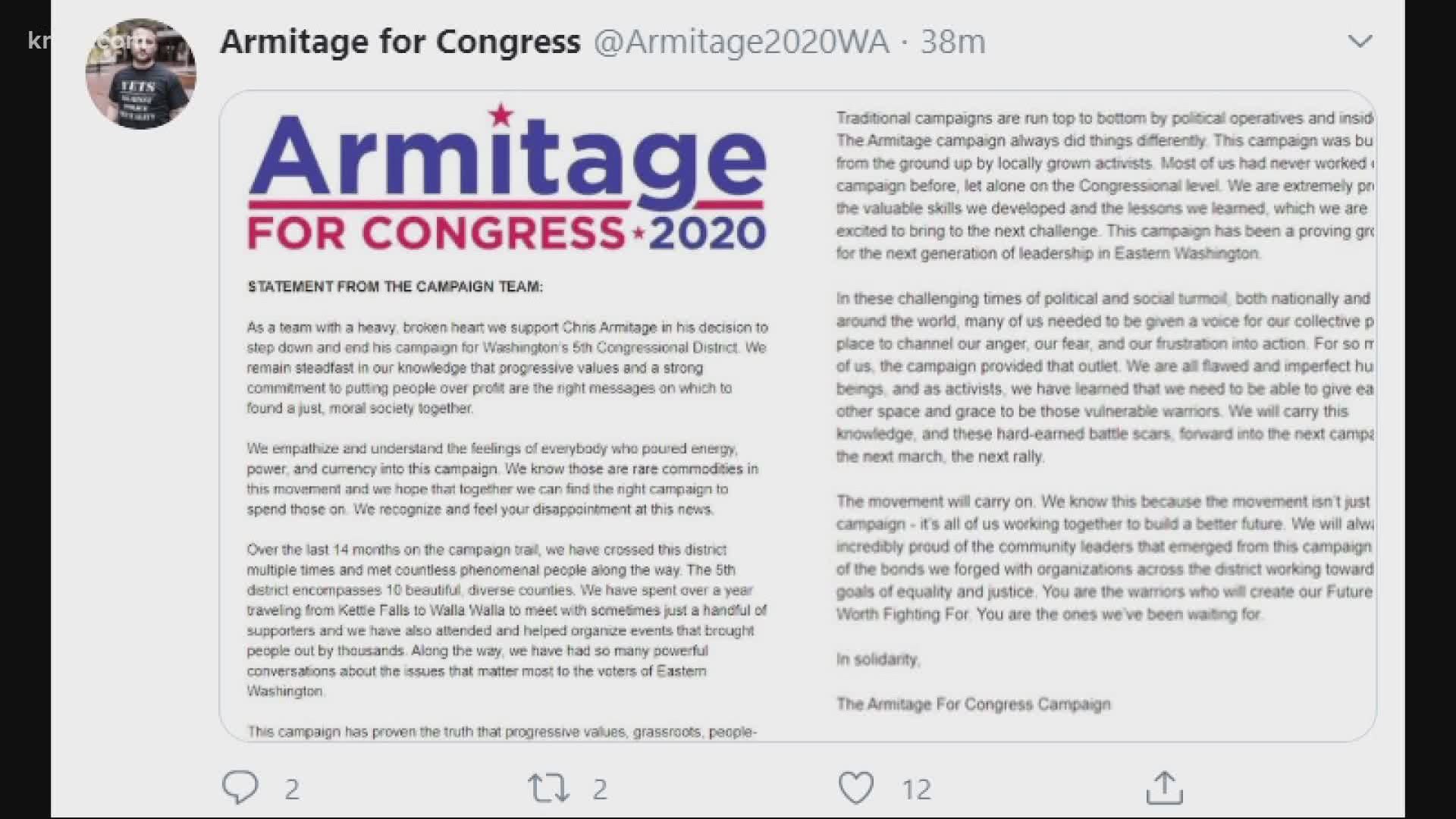 Armitage was running for the seat currently held by eight-term incumbent Republican Cathy McMorris Rodgers