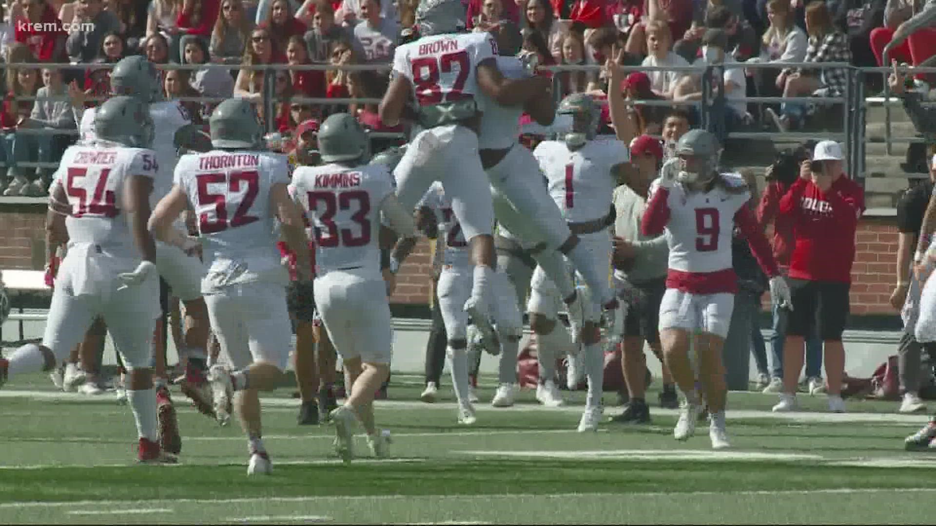 Cameron Ward threw for four touchdowns and WSU's defense forced four interceptions in the Crimson and Gray game.