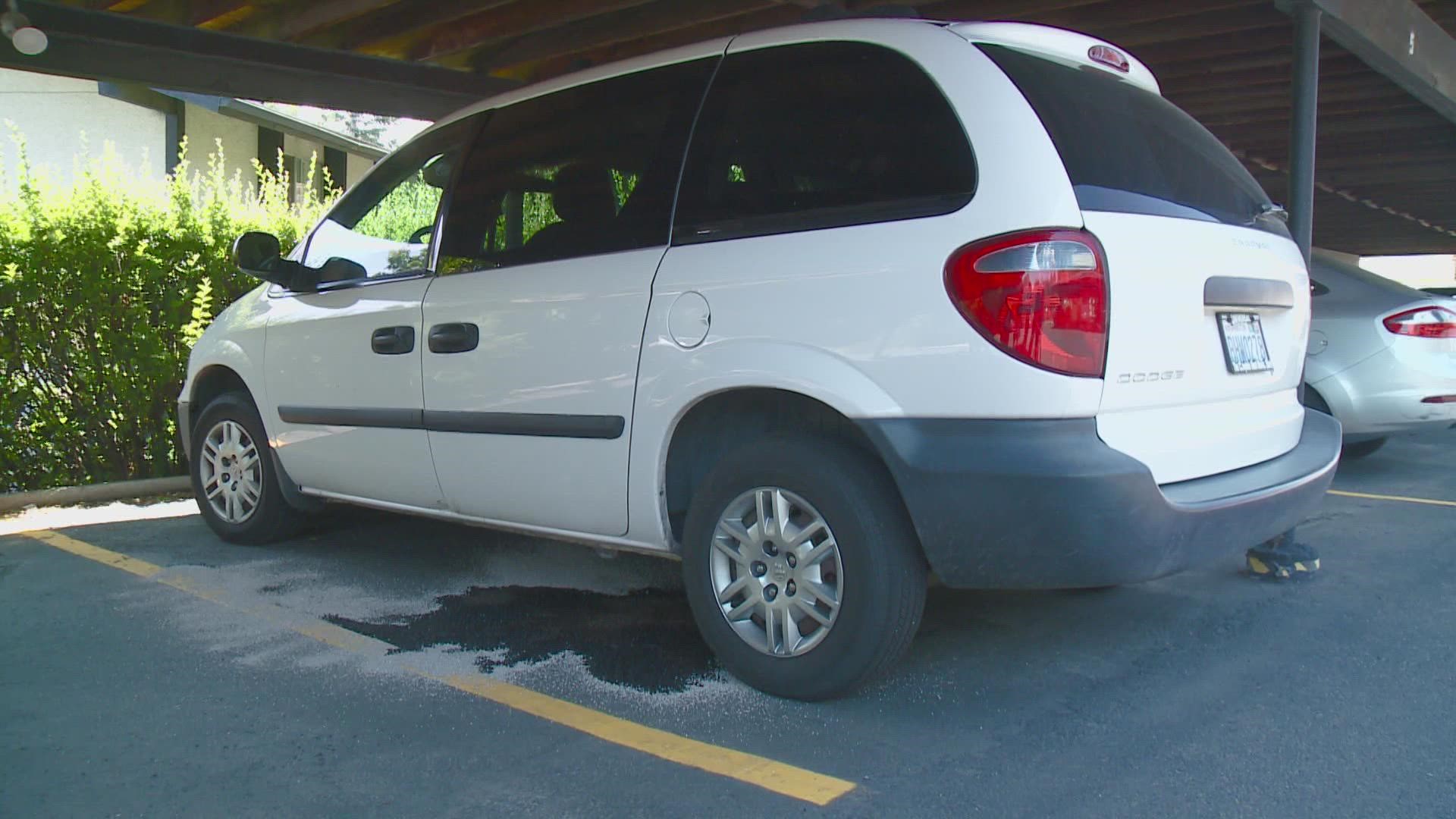 Spokane resident Sharon Walsh was just coming back from dinner when she noticed several holes drilled into her car and gas pouring out.