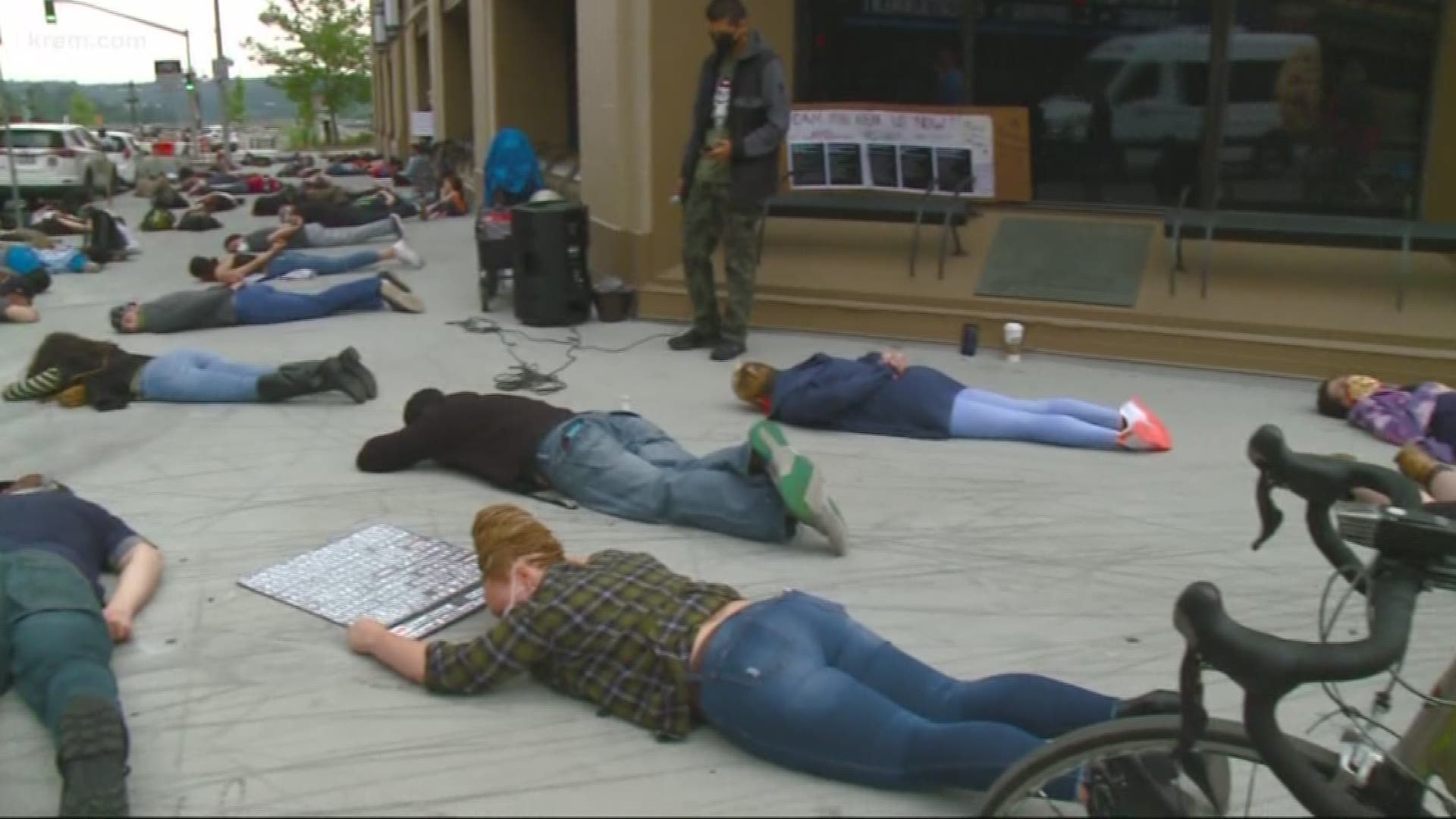 During the demonstration, the protesters were led in reciting the last words of Floyd during his arrest by the Minneapolis Police Department.