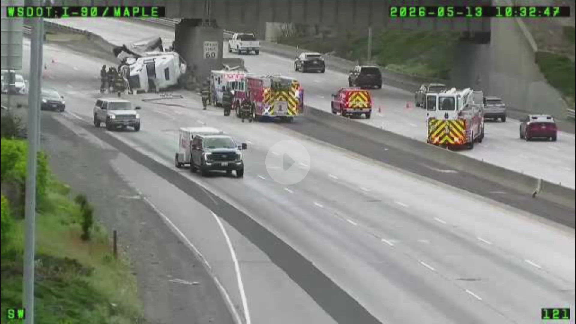 Semi truck flips over on I90 near Latah Creek Bridge | krem.com