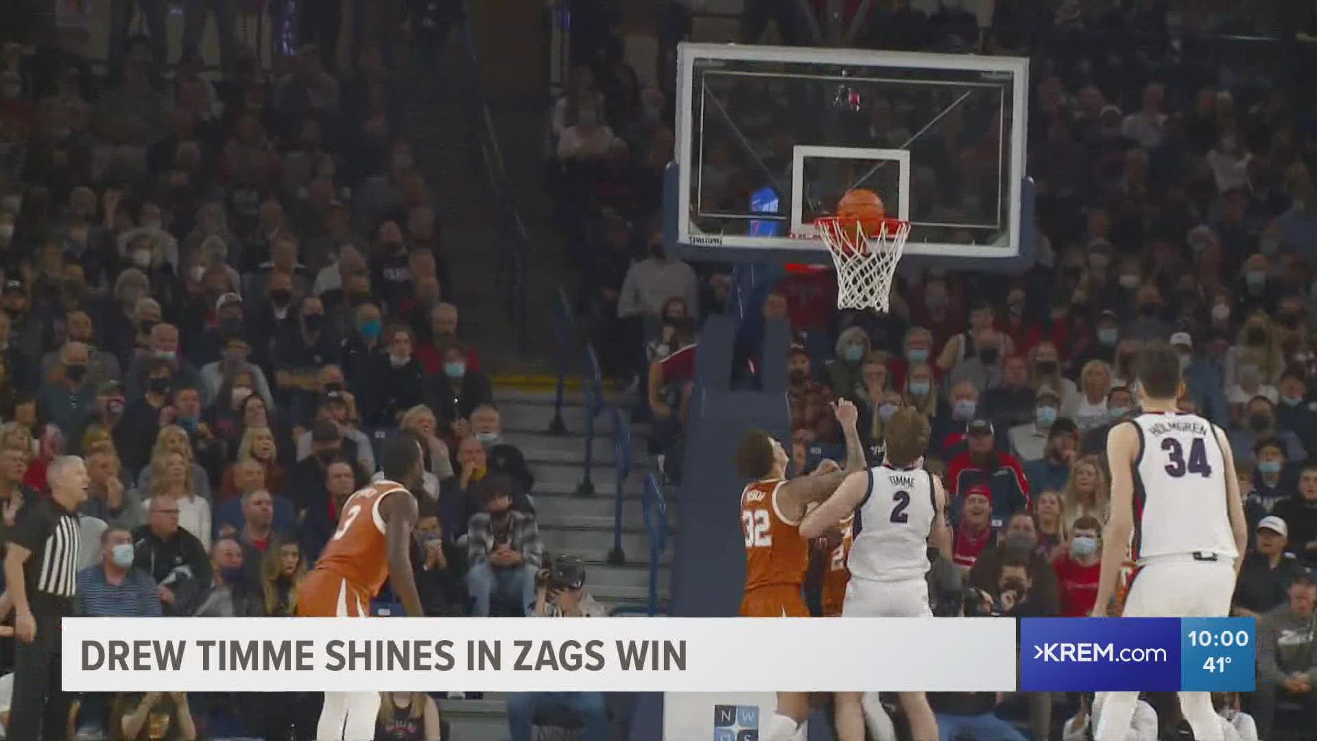 Gonzaga beat the Longhorns in Mark Few's first game back as head coach. Drew Timme scored 37 points.