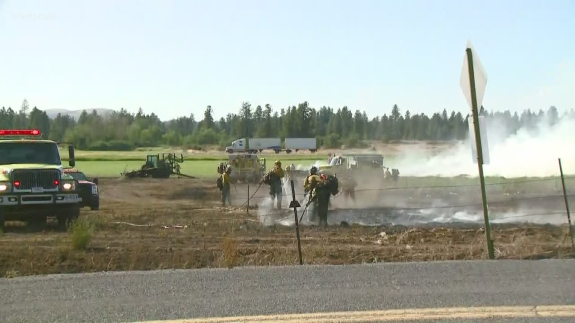 Fire crews said the fire was burning roughly half an acre. They said the fire started when a truck carrying hay caught on fire.
