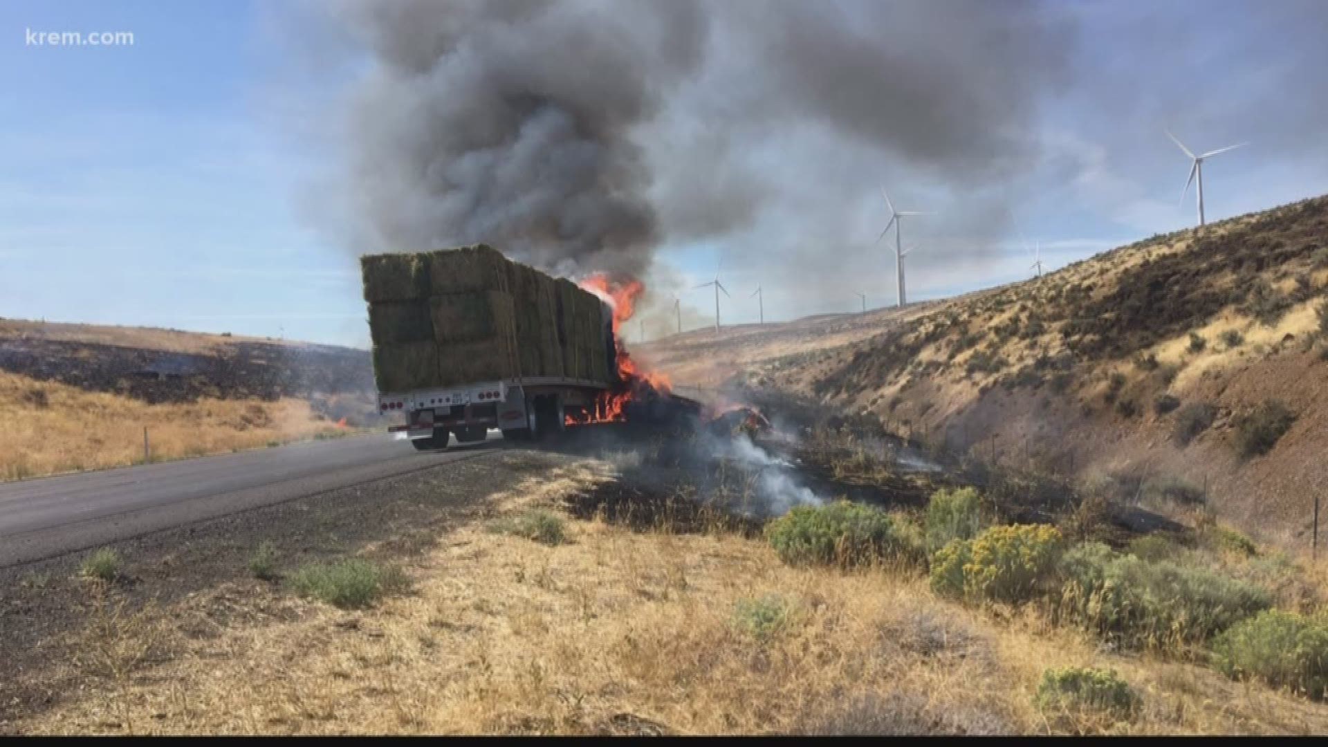 The fire started due to a hay truck catching fire before moving to nearby brush.