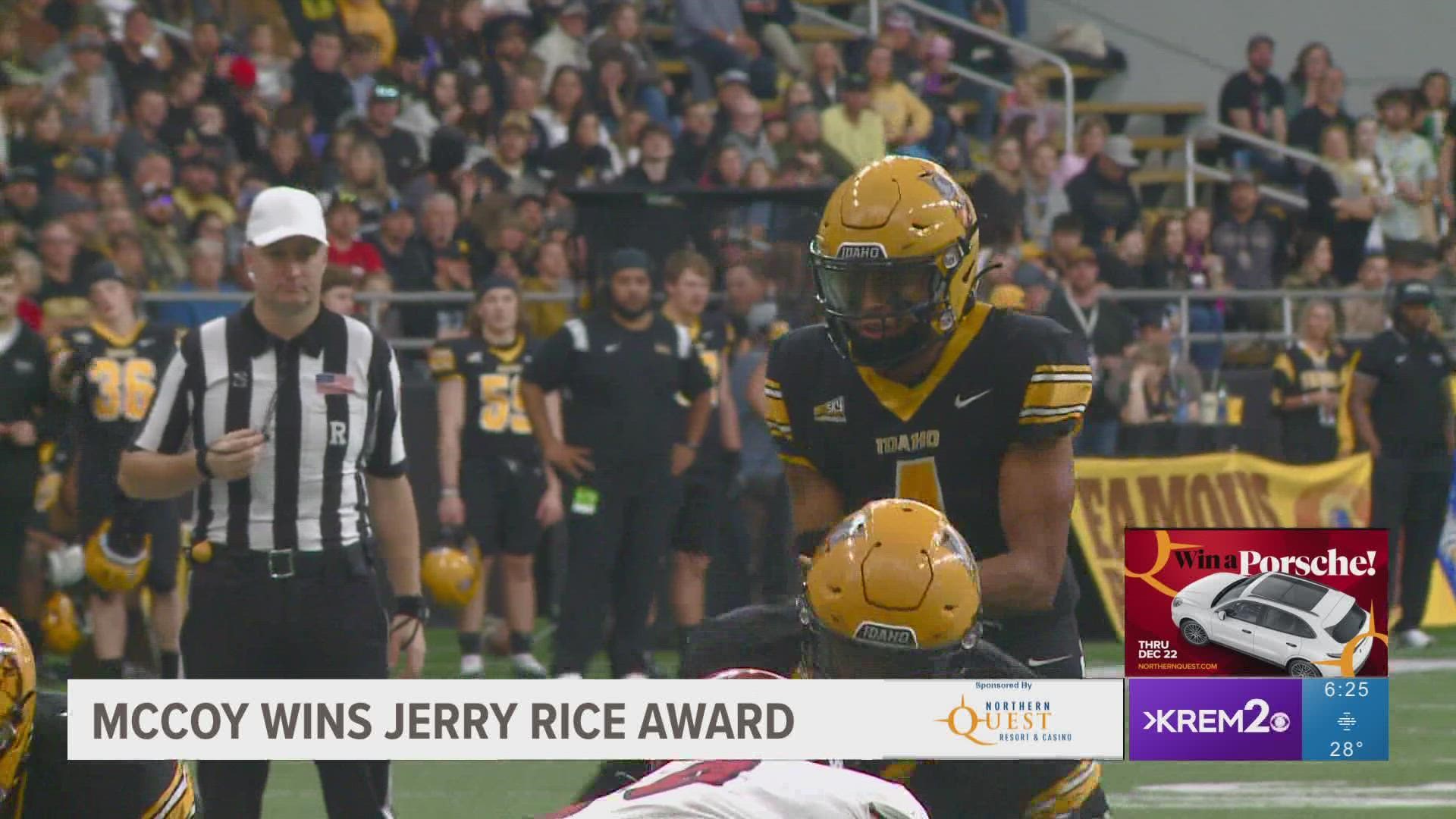 Idaho quarterback Gevani McCoy beat out 25 finalists for the Jerry Rice Award given to the top freshman in FCS football.