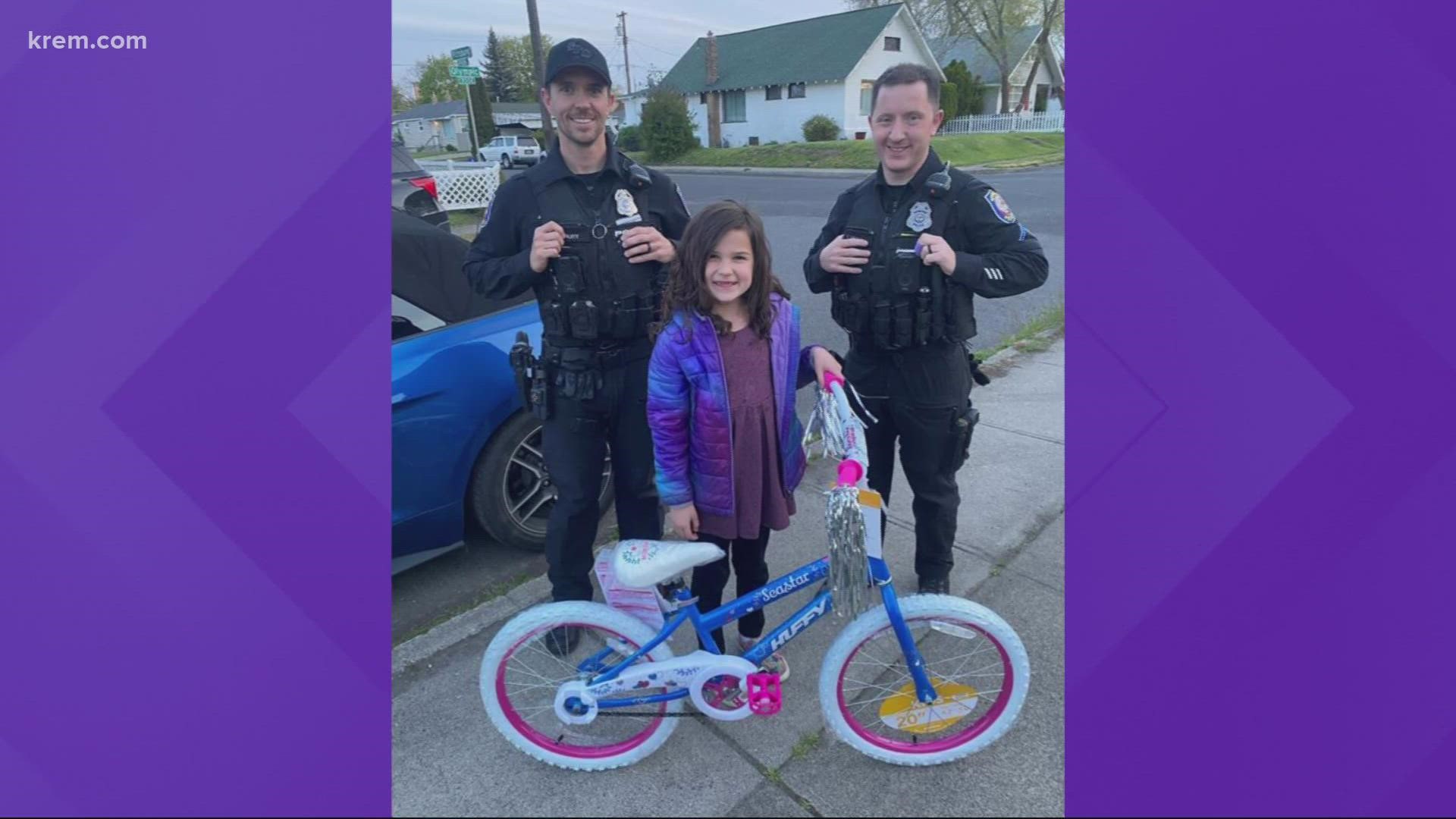 7-year-old Stella was riding her bike when three teenage boys pushed her off the bike and rode off with it. Two SPD officers then decided to buy her a new one.