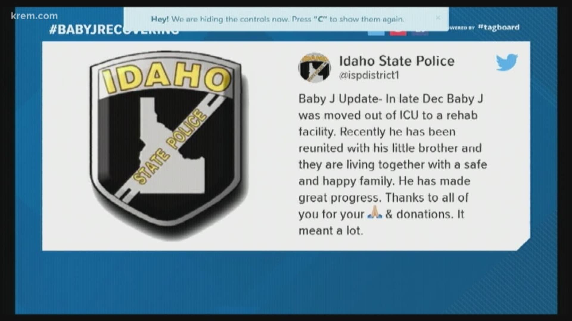 Baby J has also been moved out of the ICU to a rehab facility, according to ISP leaders. They said he and his little brother are living together with a safe and happy family.