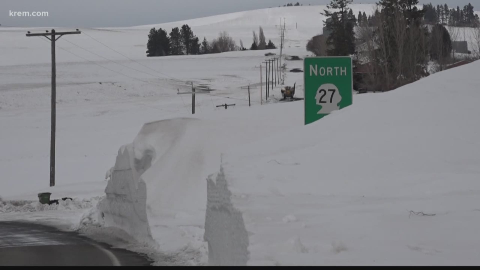KREM 2 reporter Tim Pham shows highway 27 is now open after being cleared of large snow drifts.