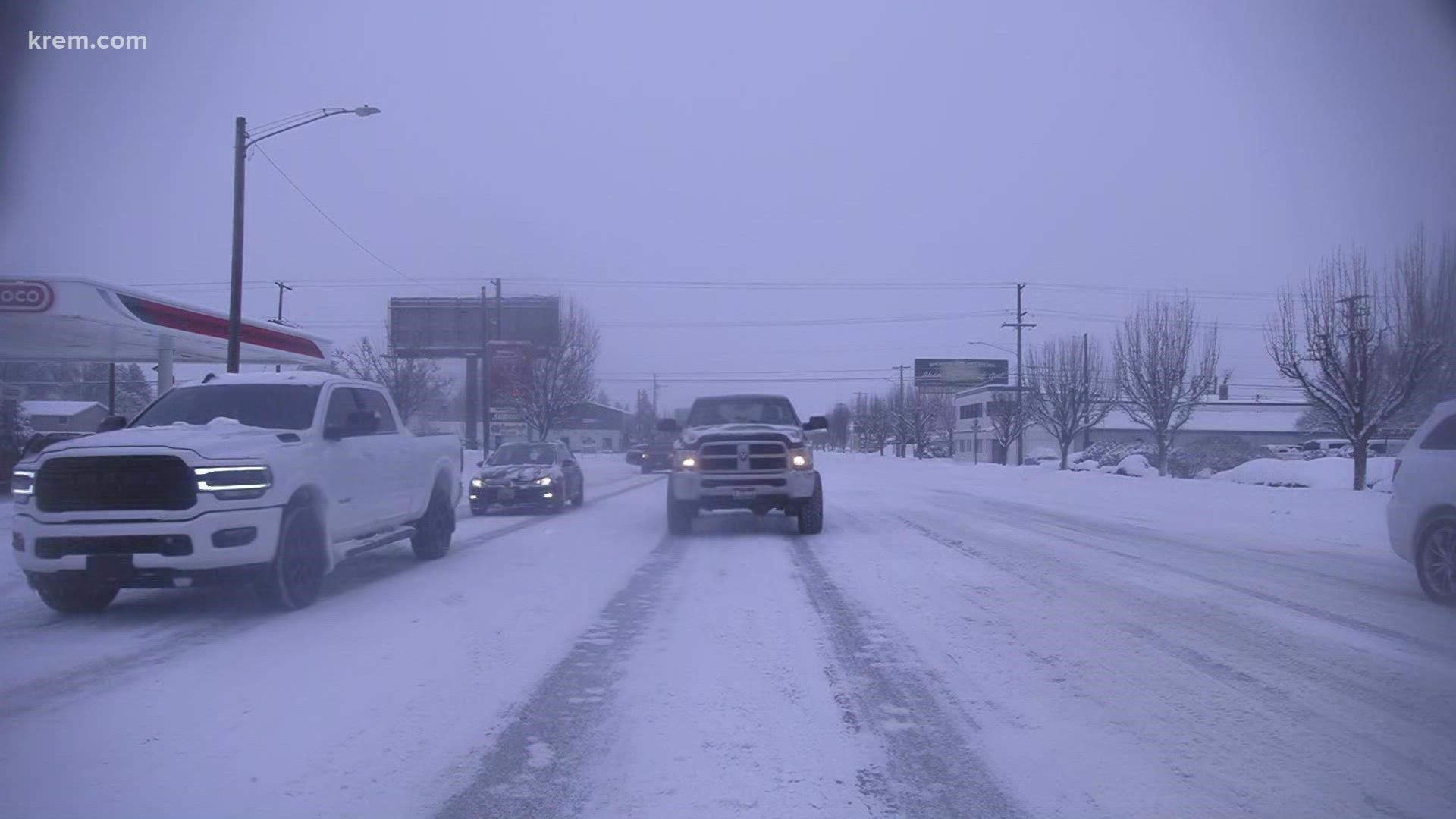 Many roads still slick in Spokane area after heavy snow