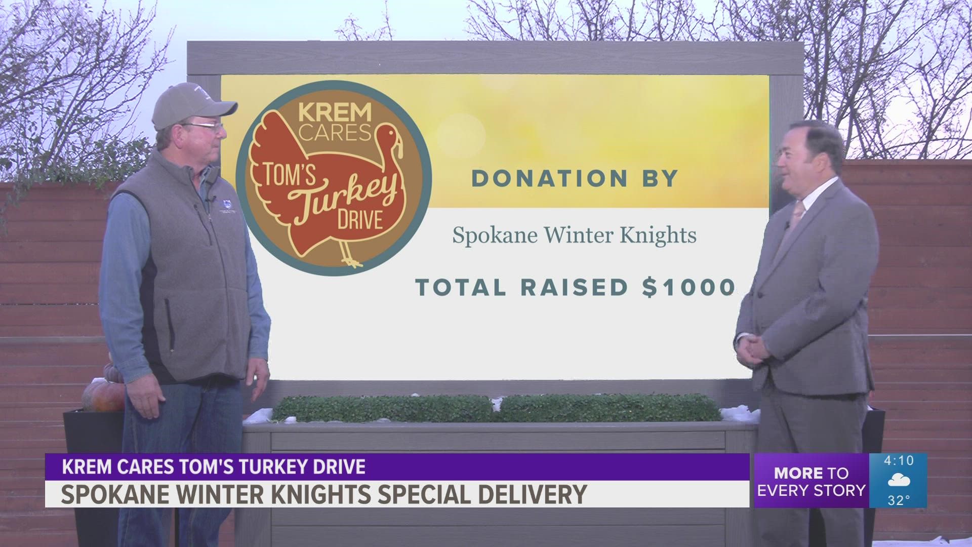 The Spokane Winter Knights Snowmobile Club donated $1000 to Tom's Turkey Drive 2022 to help provide holiday meals to area families for Thanksgiving.
