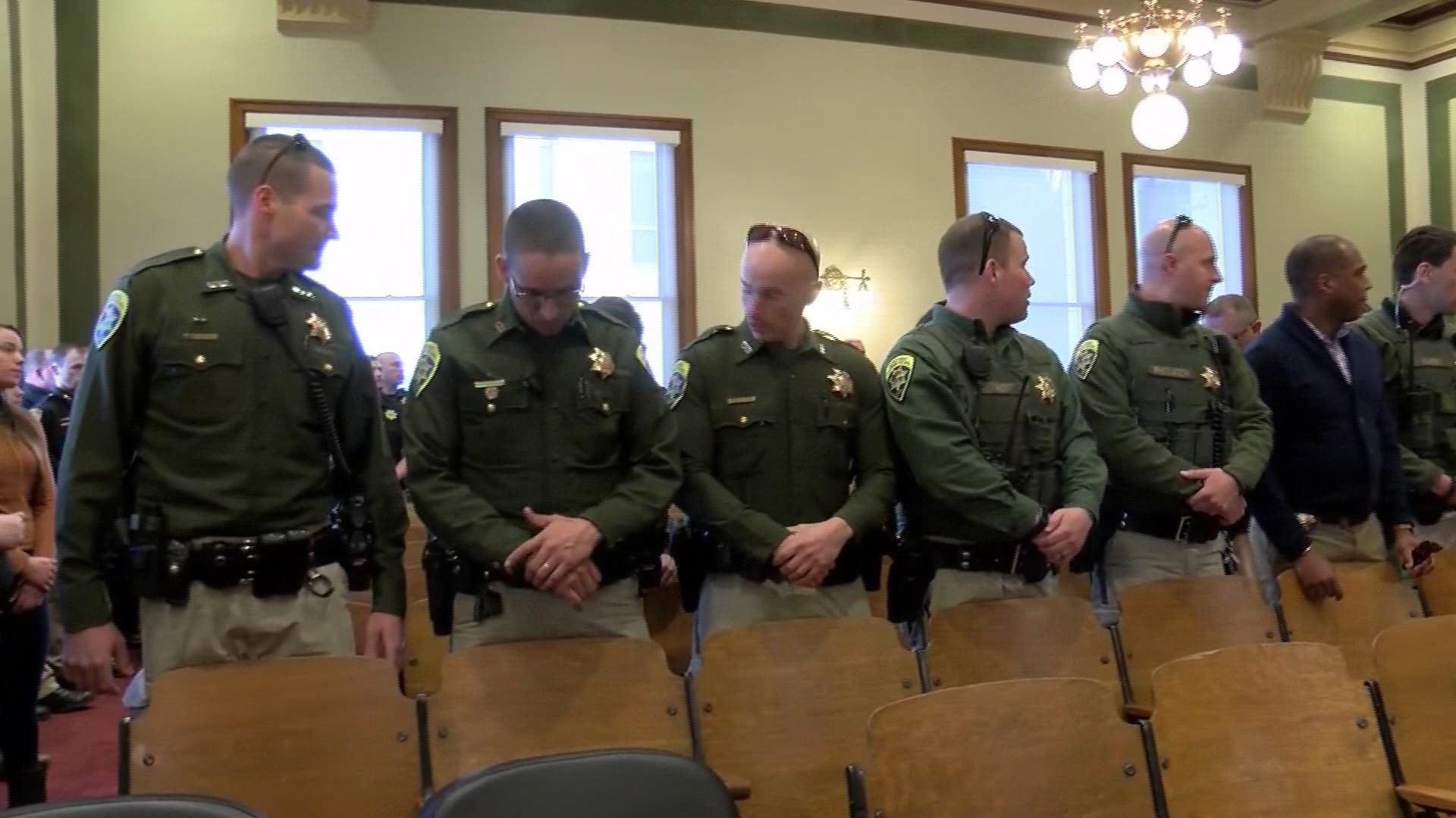 Montana Highway Patrol Trooper Wade Palmer was shot by a suspect in a Missoula shooting last week. On Monday, his brothers in law enforcement showed up to support him at the suspect's hearing.
