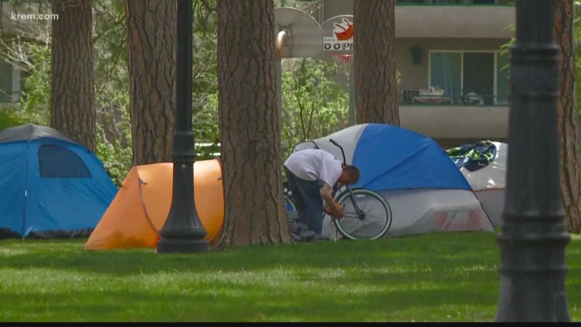 Homeless residents have set up tents in the park and KREM reporters on scene say it is littered with trash.