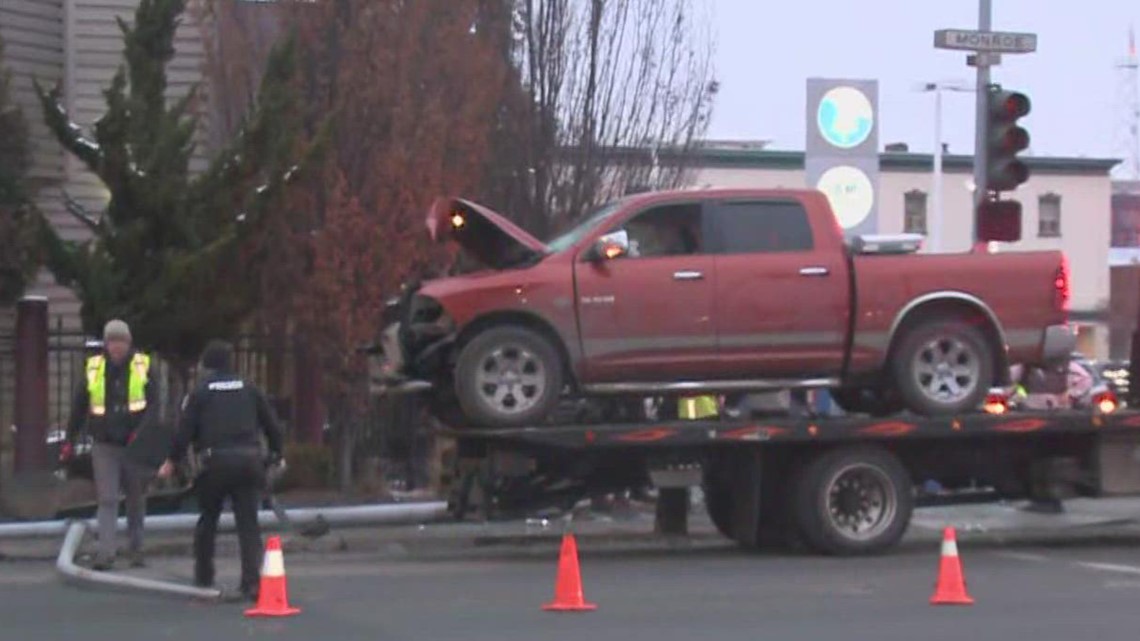 Crash in downtown Spokane knocks down traffic pole