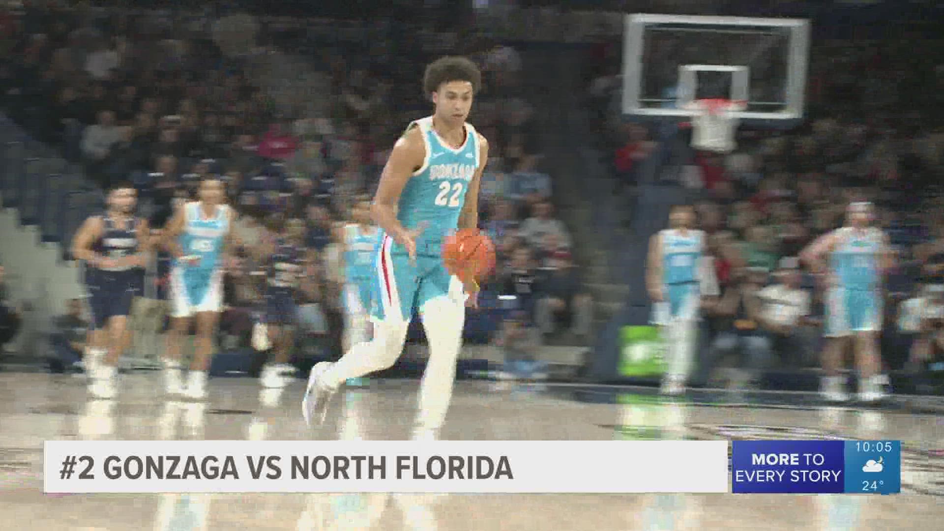 Drew Timme scored 22 points, Julian Strawther added 16, and No. 2 Gonzaga used a big first half run to beat North Florida 104-63 in the season opener Monday.