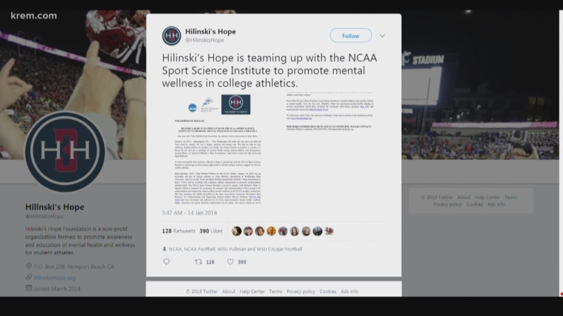 Hilinski’s Hope, a foundation created to bring mental health resources to student-athletes, is teaming up with the NCAA Sport Science Institute to promote mental wellness support for college athletes, according to a Hilinski’s Hope Facebook post.