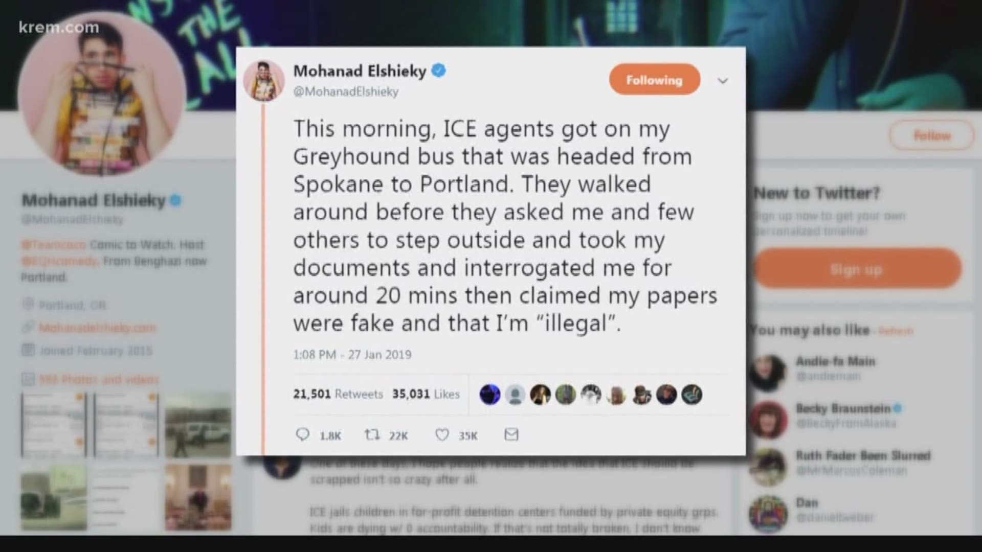 Mohanad Elshieky tweeted that ICE agents took his documents and interrogated him for some time while he was waiting to depart on a bus to Portland in Spokane.