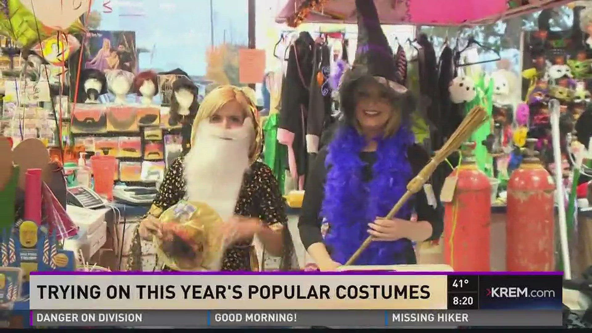 Brittany and Briana try this year's popular costumes at Party Palace (10-25-17)