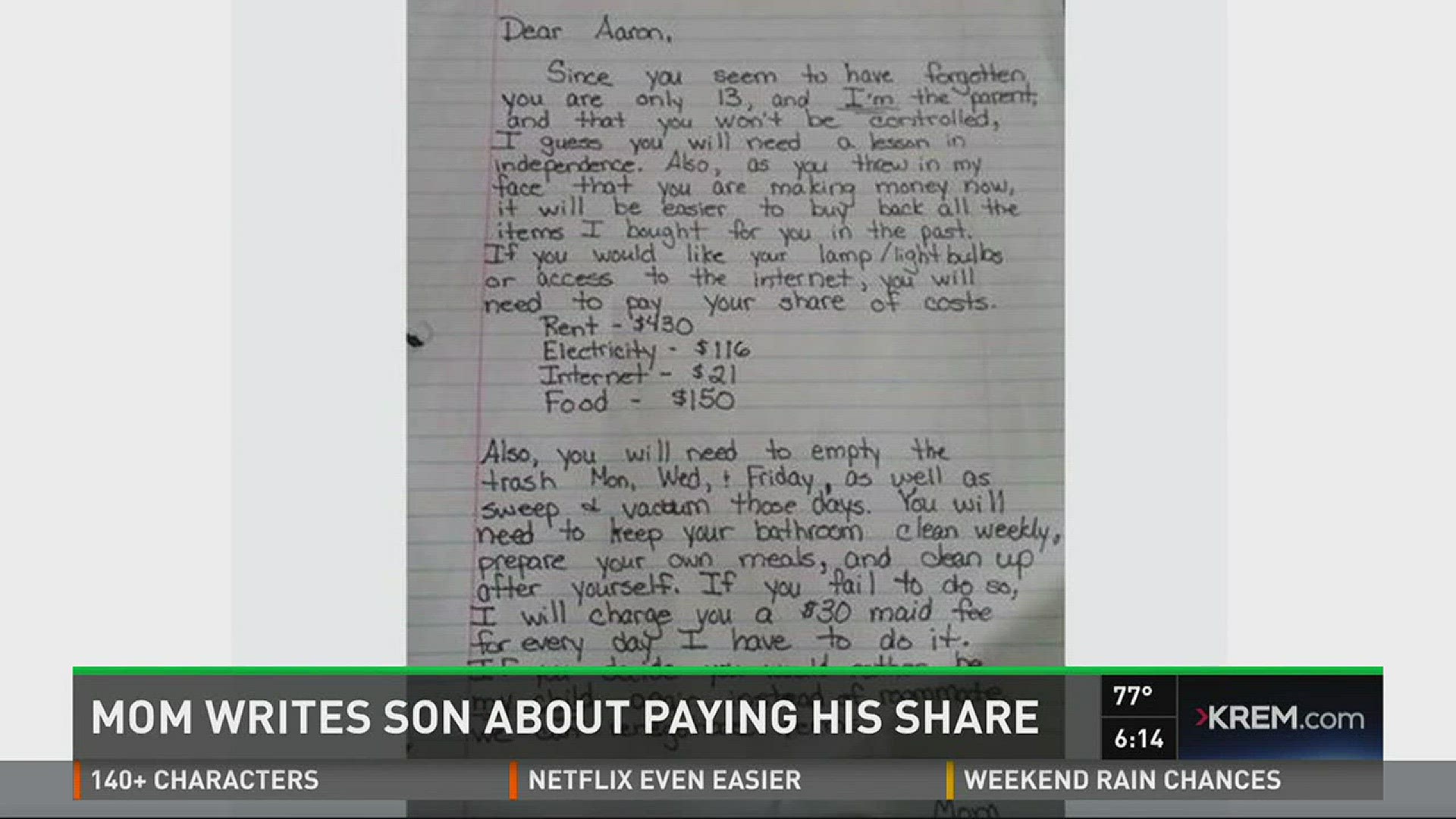 Mom writes to son about paying his share | krem.com