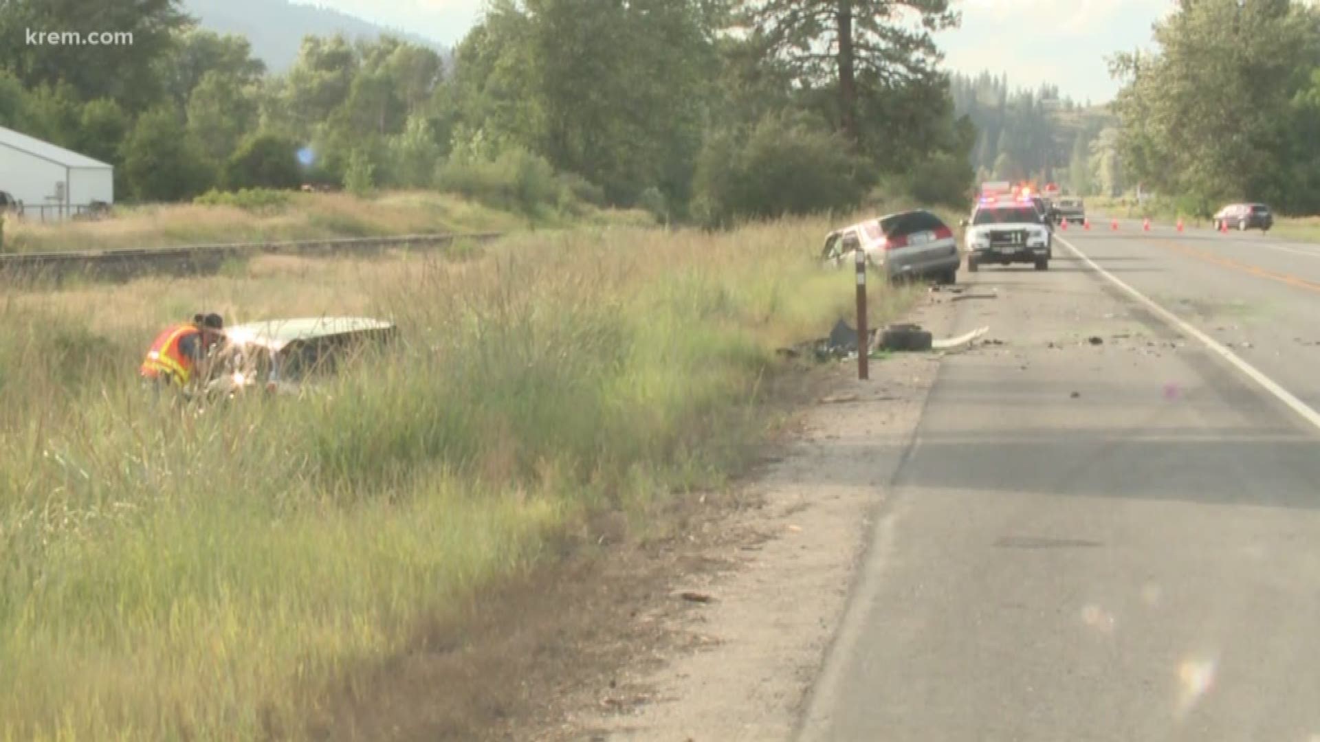 Troopers on scene said a car with three people inside was headed northbound on Highway 395 when it veered off and drove over the median.