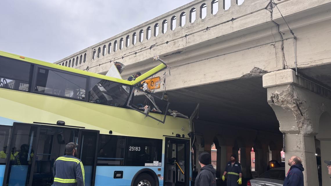 Spokane double-decker bus collides with railroad bridge; four hospitalized
