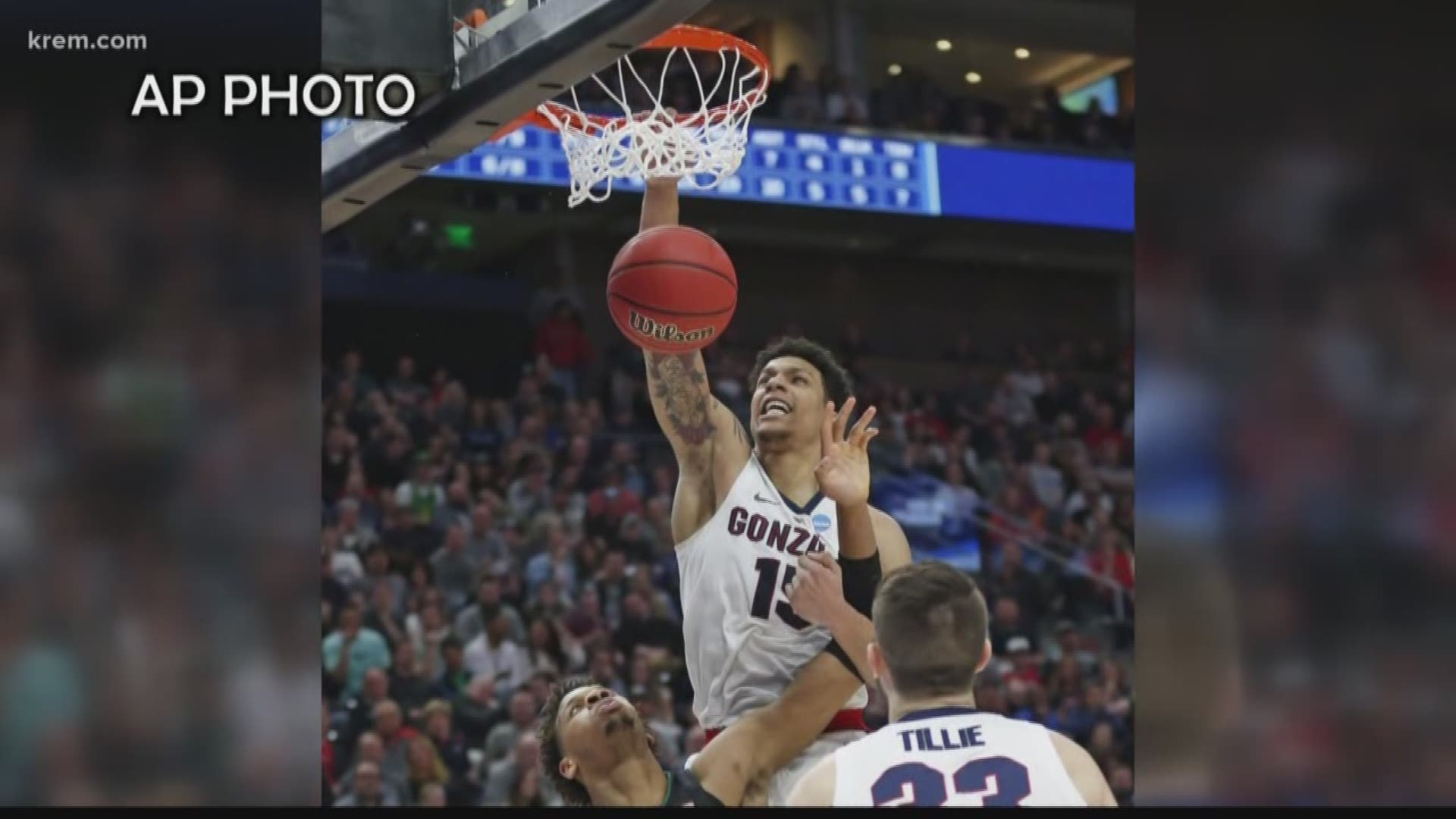 KREM Sports Director Brenna Greene spoke with Gonzaga players about guard Brandon Clarke's career night against No. 9 Baylor in the NCAA tournament.