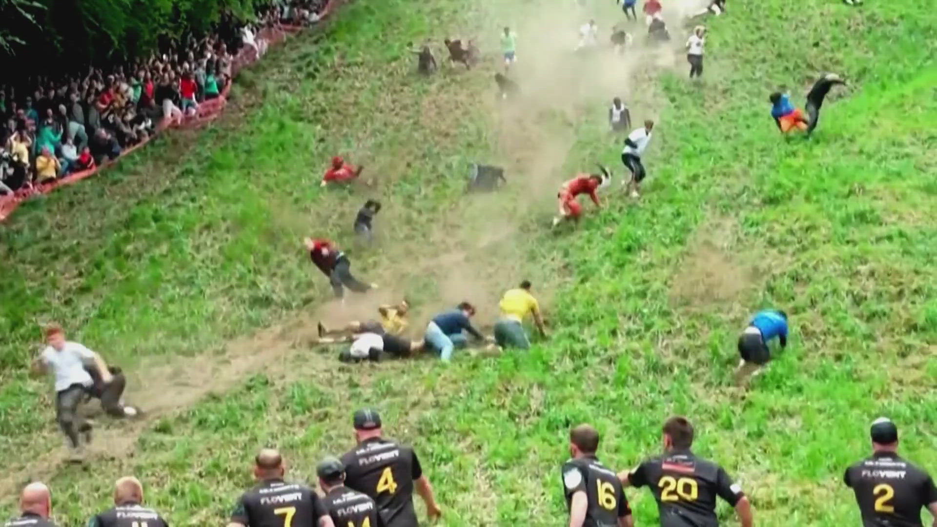 Gravity and acceleration combine to leave few runners on their feet, leading to epic wipeouts at one of Britain’s zaniest sports contests.