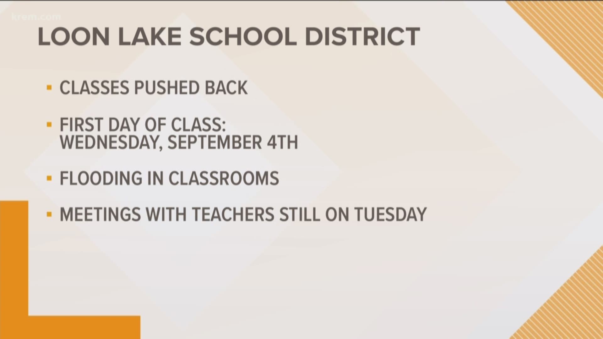 A message from Loon Lake School District said flooding is causing them to push back the first day of class to Sept. 4.