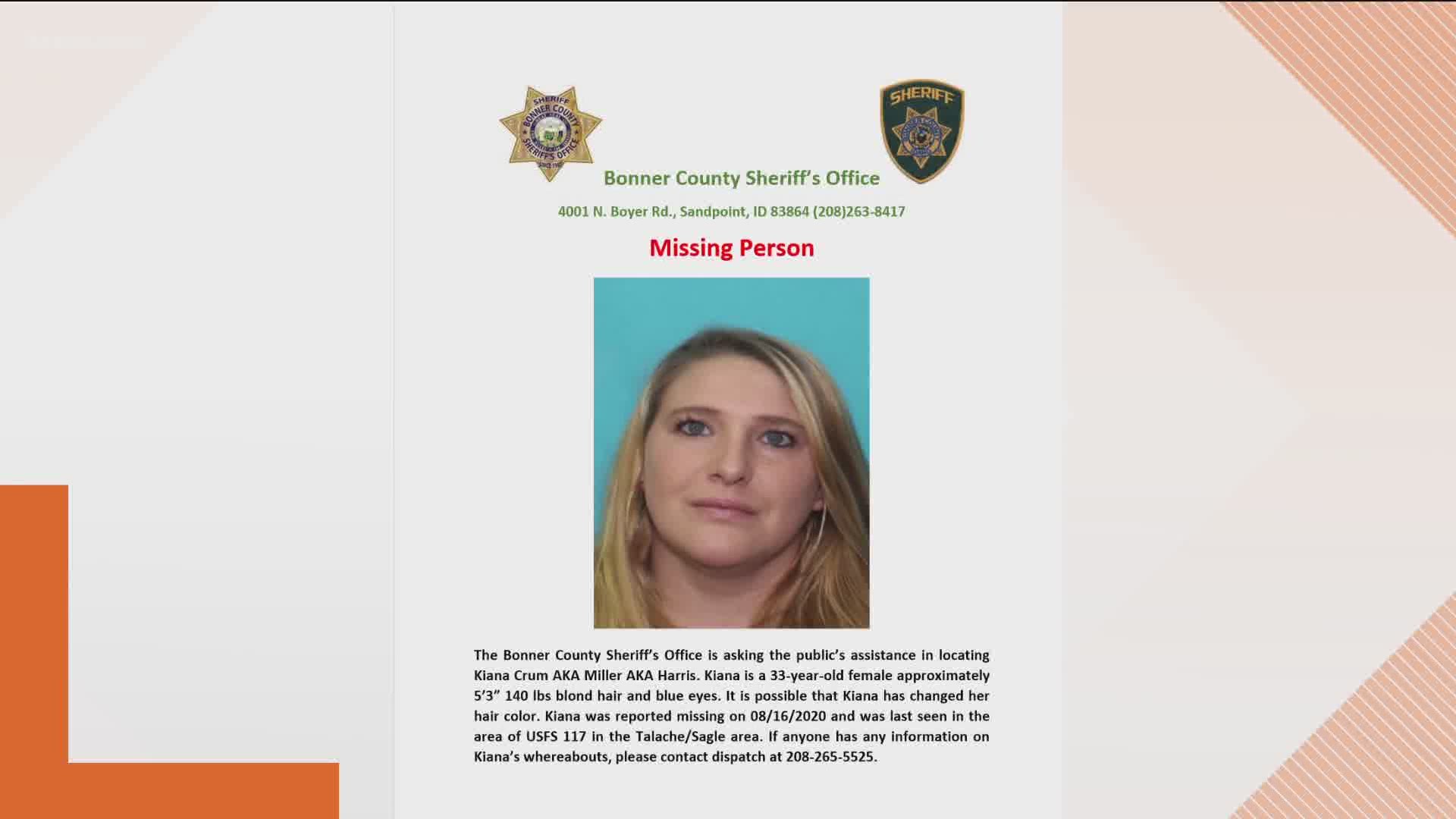 A motorcyclist found Kiana Crum and her dog walking in the woods above Mirror Lake on Thursday, according to the Bonner County Sheriff's Office.