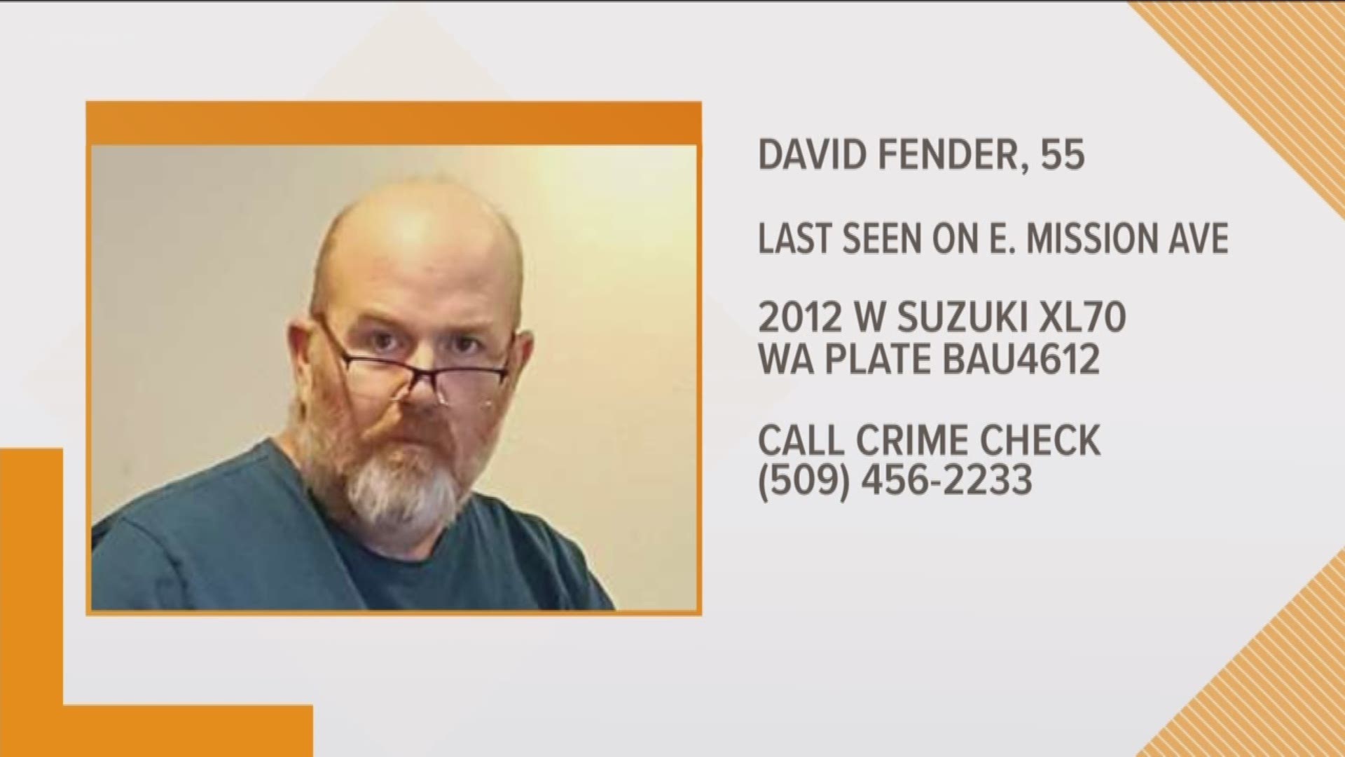 Police said David Fender, 55, has medical issues that affect his memory and cognition. He was last seen Thursday night.