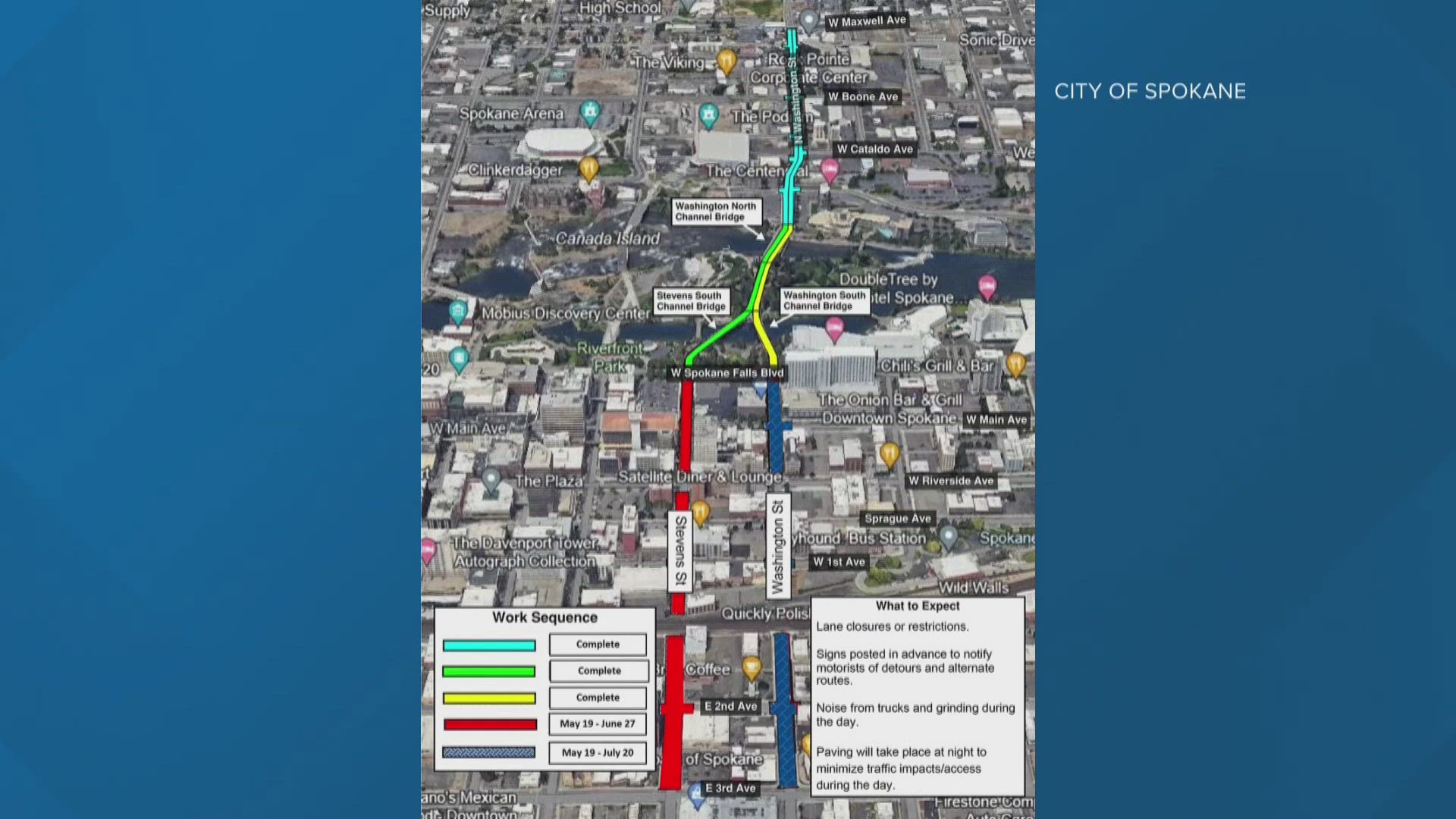 The City of Spokane says slow traffic and lane reductions will happen on Washington Street between 3rd Avenue and Spokane Falls Boulevard, starting Monday, July 7.