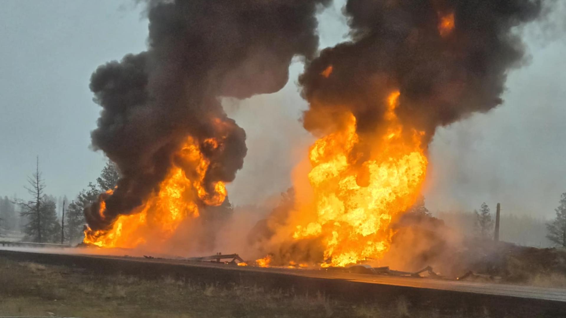 WSP is responding to a semi-truck rollover crash that left the truck engulfed in flames on I-90, blocking the road in both directions.