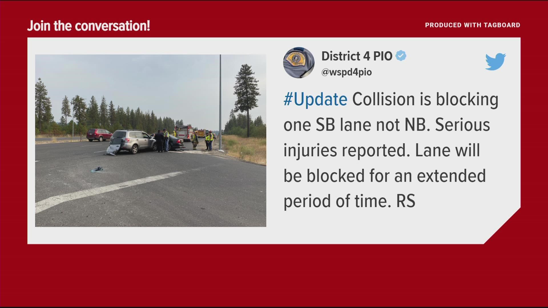 The collision is blocking one southbound lane, according to WSP.