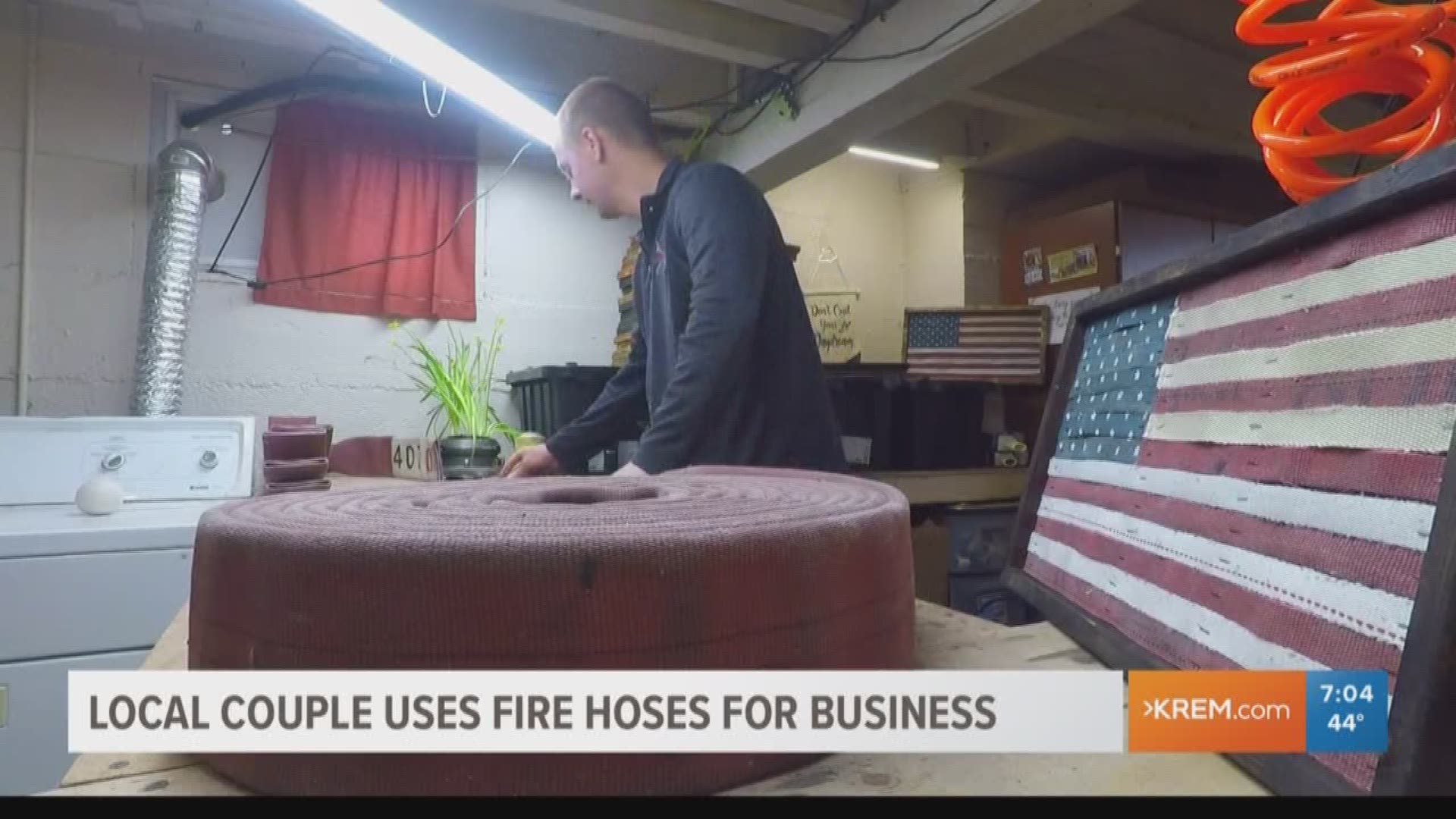 A Spokane couple with a backyard full of fire hoses is running a unique business. They make beer koozies, flasks, coasters and American flags out of the retired hoses.