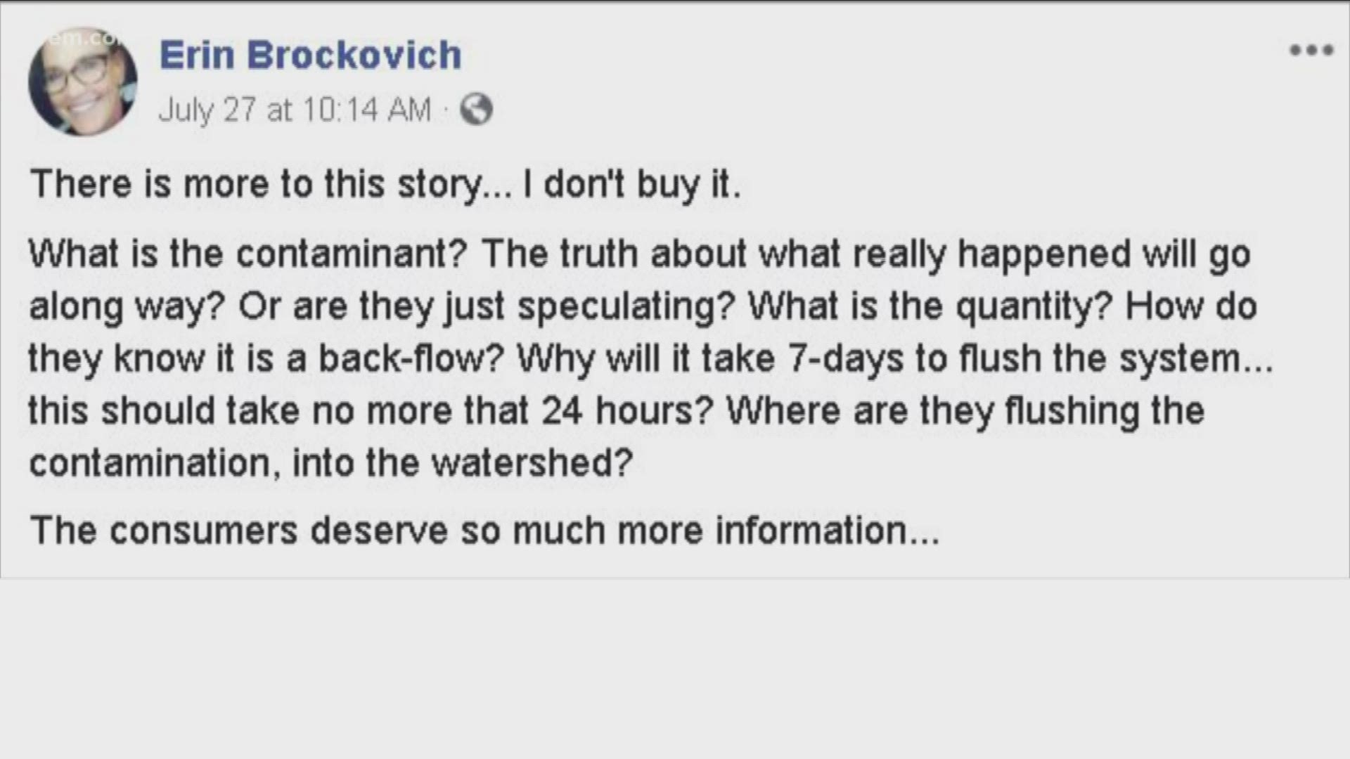 Brockovich famously took on Pacific Gas and Electric Corp. in an investigation that found widespread water contamination in a small California town.