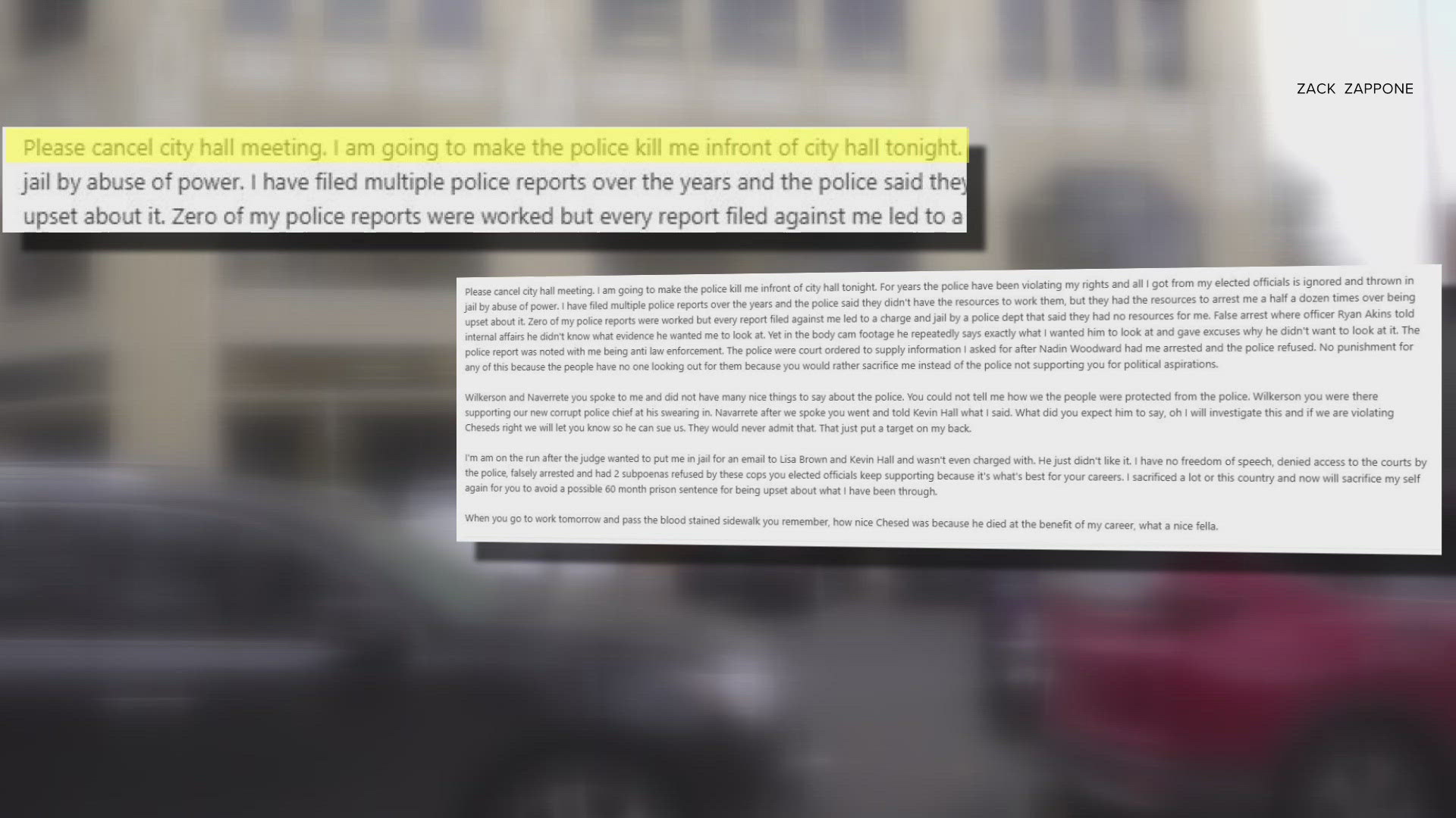 City Council members received an email from a man who said he was threatening police to shoot him outside City Hall.