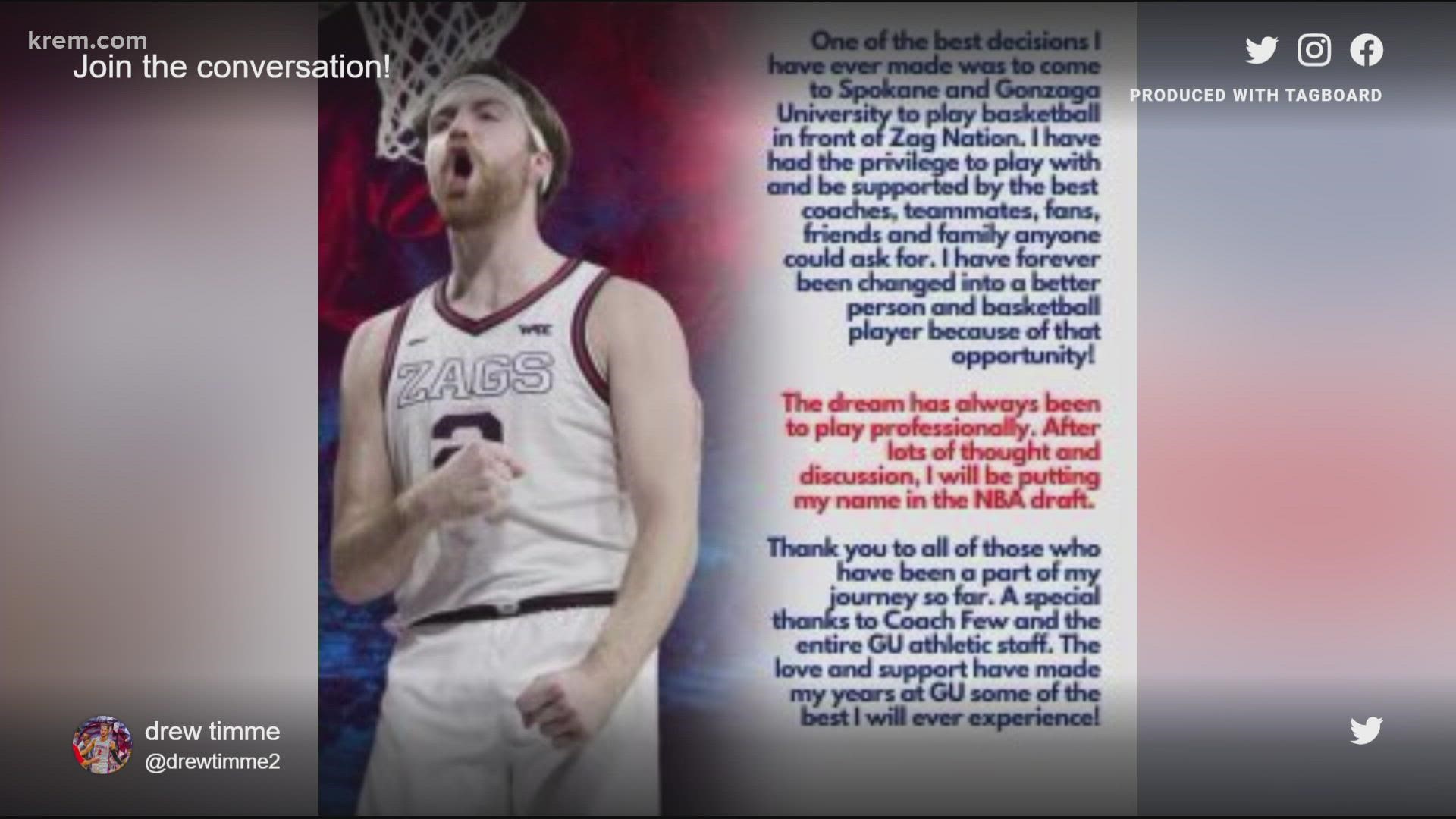 In a tweet, Timme wrote coming to Spokane and playing basketball for Gonzaga was one of the best decisions he ever made.